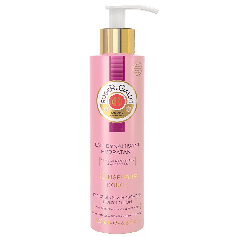 Flacon rose avec pompe blanche. Inscription: ROGER & GALLET, Gingembre Rouge. Lait Dynamisant Hydratant. Energising & Hydrating Body Lotion.