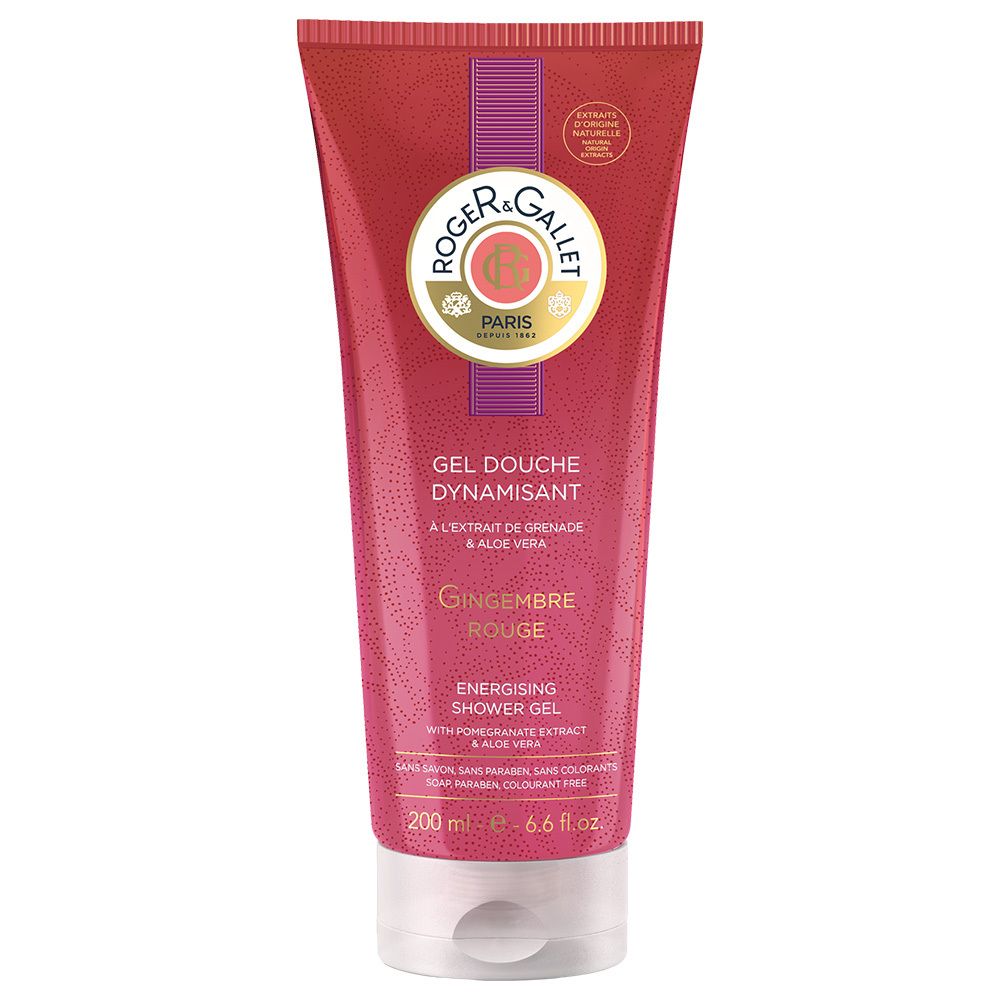 Tube de gel douche rouge avec bouchon blanc. Texte: ROGER & GALLET, Gingembre Rouge, Gel Douche Dynamisant. 200 ml.