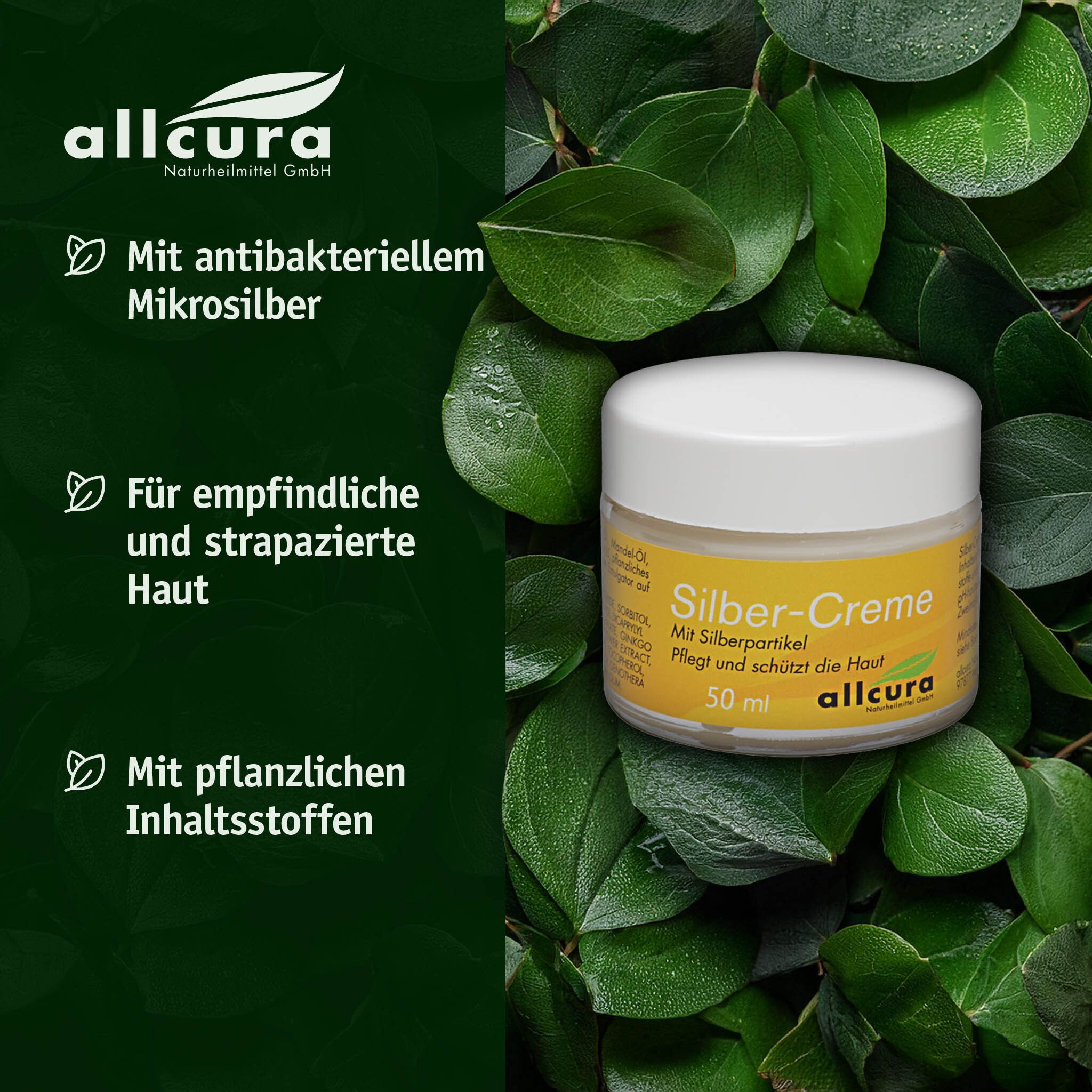 Pot en verre avec couvercle blanc, entouré de feuilles vertes. Texte : Silber-Creme, 50 ml, logo allcura.