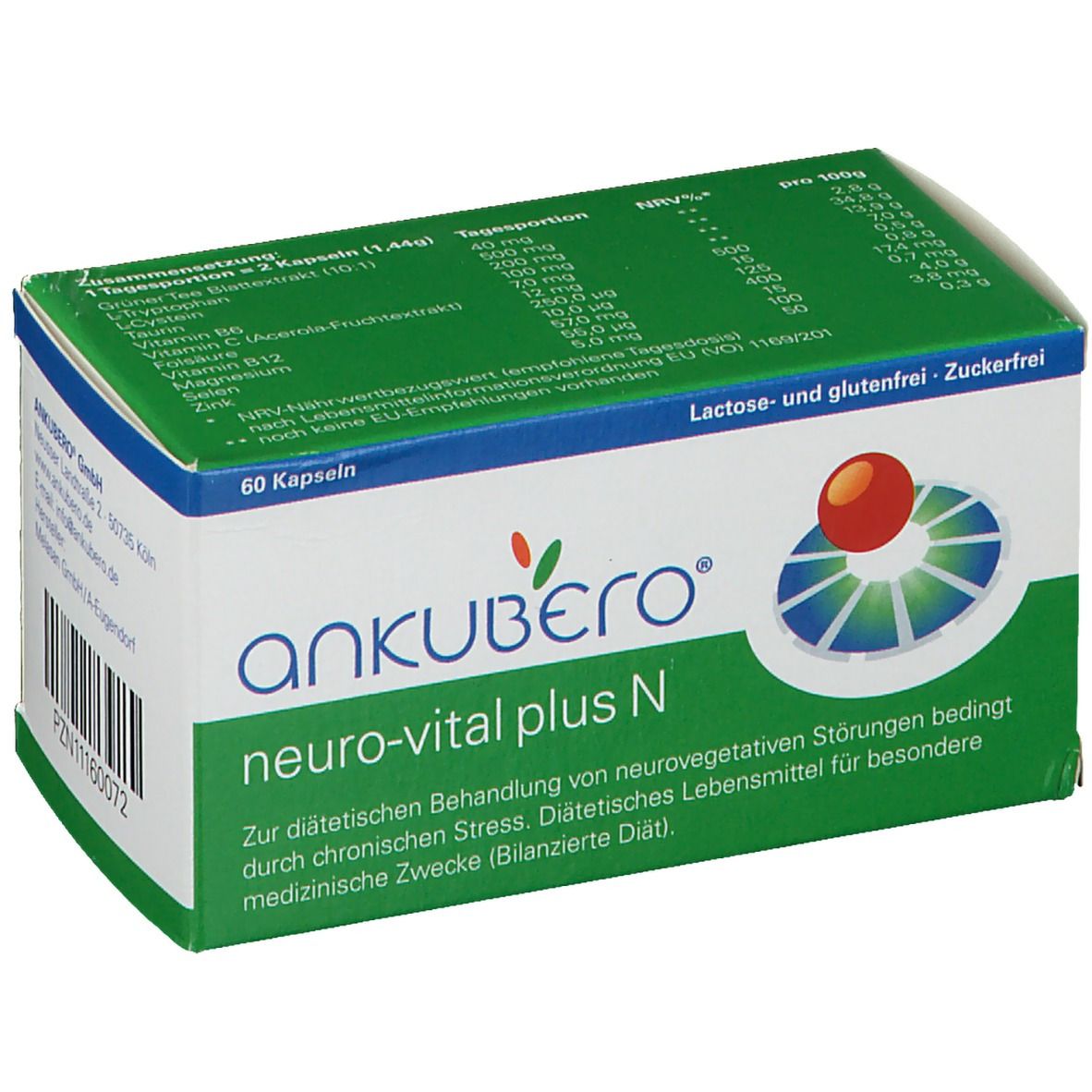 Boîte ANKUBERO® neuro-vital plus N, 60 gélules. Boîte verte et blanche avec nom et logo du produit. Ingrédients et informations nutritionnelles.