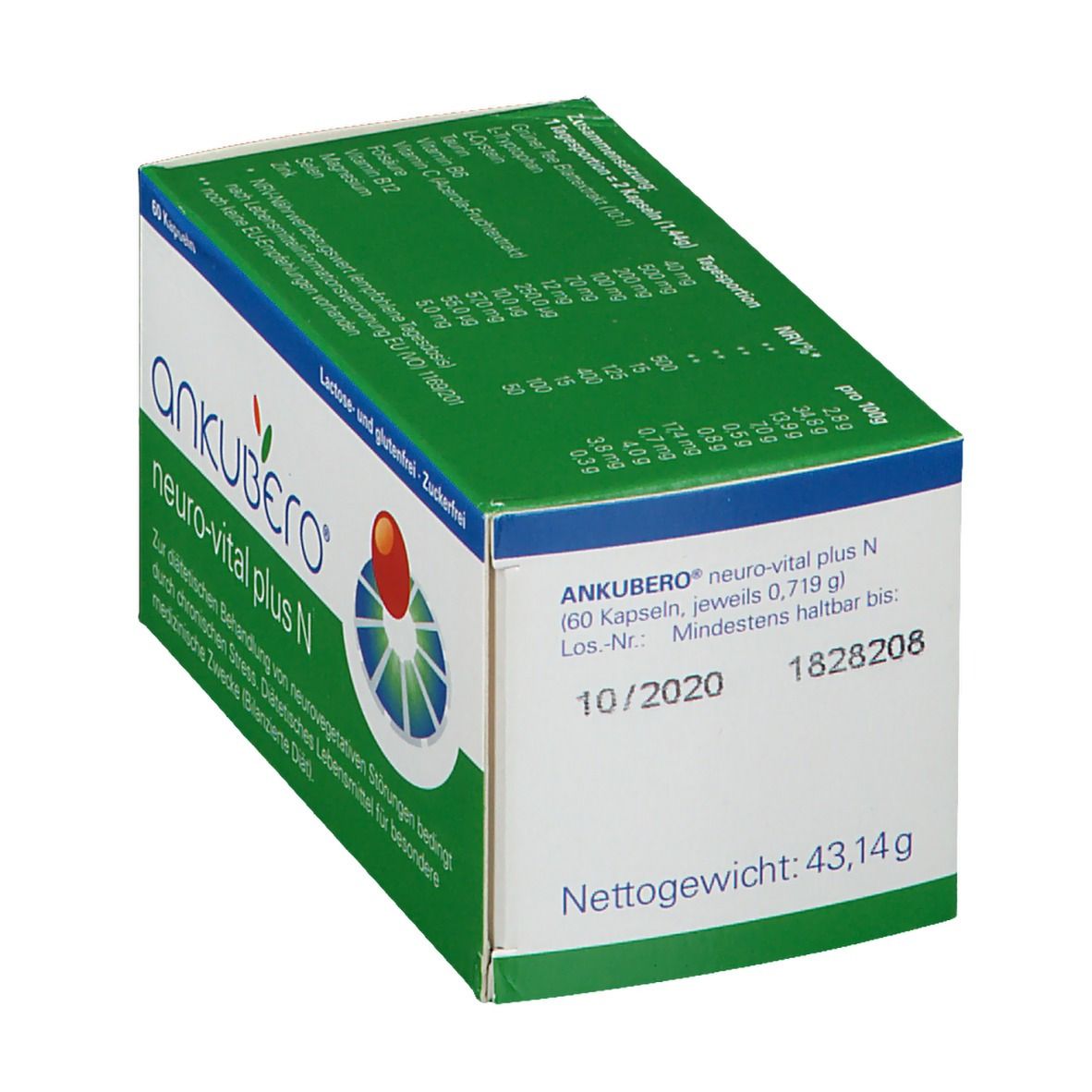 Boîte ANKUBERO® neuro-vital plus N. Nom, logo et date de péremption visibles. 60 gélules. Vert et blanc.