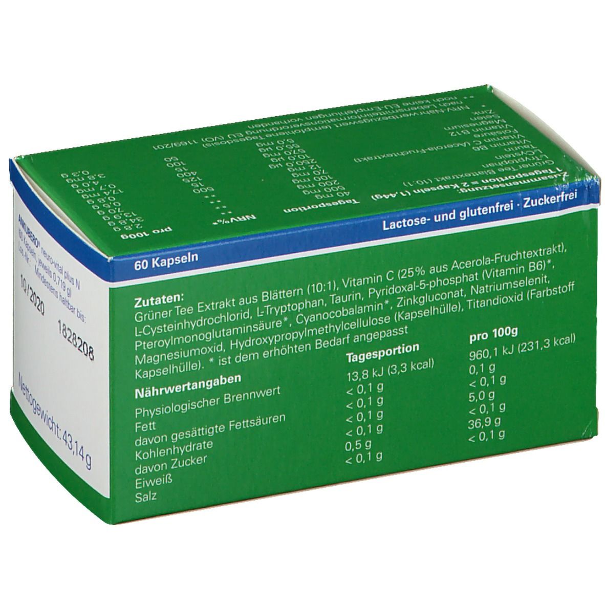 Dos de la boîte ANKUBERO® neuro-vital plus N. Ingrédients, valeurs nutritionnelles et informations fabricant. Vert et blanc.