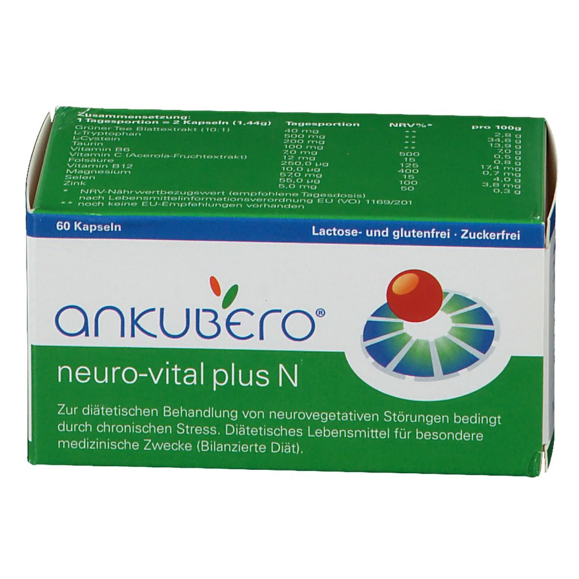 Boîte ANKUBERO® neuro-vital plus N, 60 gélules. Boîte verte et blanche avec nom et logo du produit. Ingrédients et informations nutritionnelles.