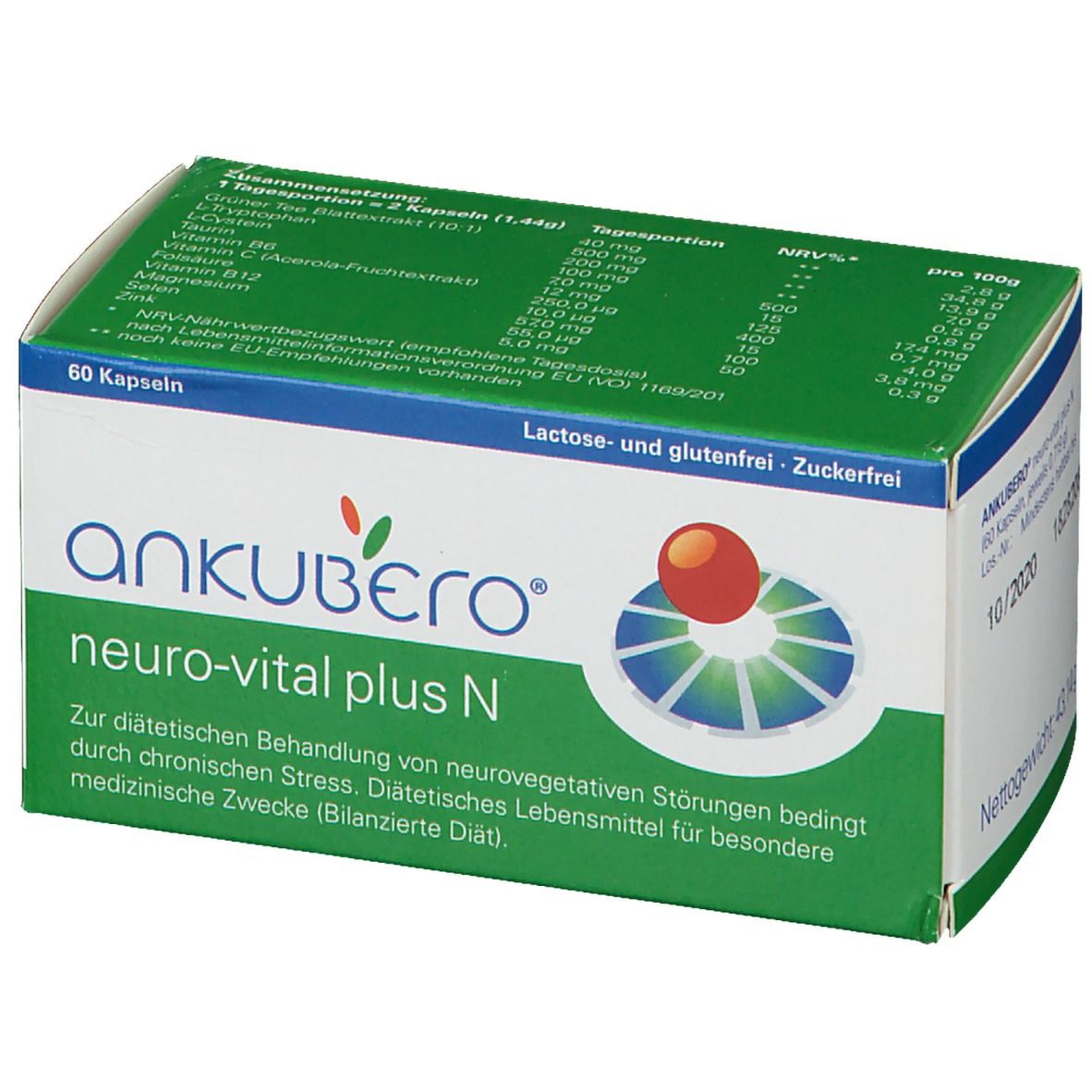 Boîte ANKUBERO® neuro-vital plus N, 60 gélules. Boîte verte et blanche avec nom et logo du produit. Ingrédients et informations nutritionnelles.