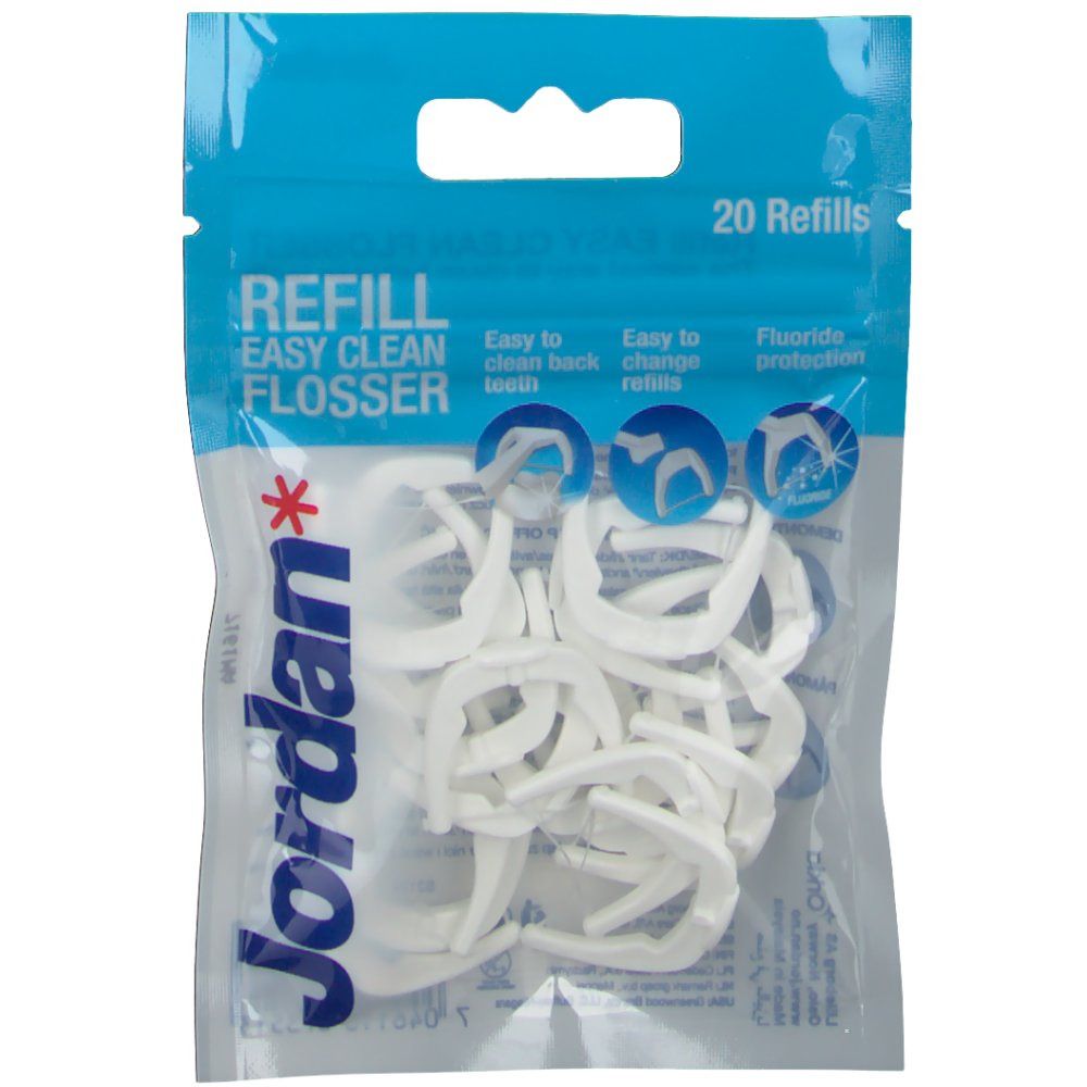 Beutel mit weißen Zahnseide-Nachfüllungen. "Jordan"-Logo. "20 Refills" und Produktbezeichnung "Refill Easy Clean Flosser".