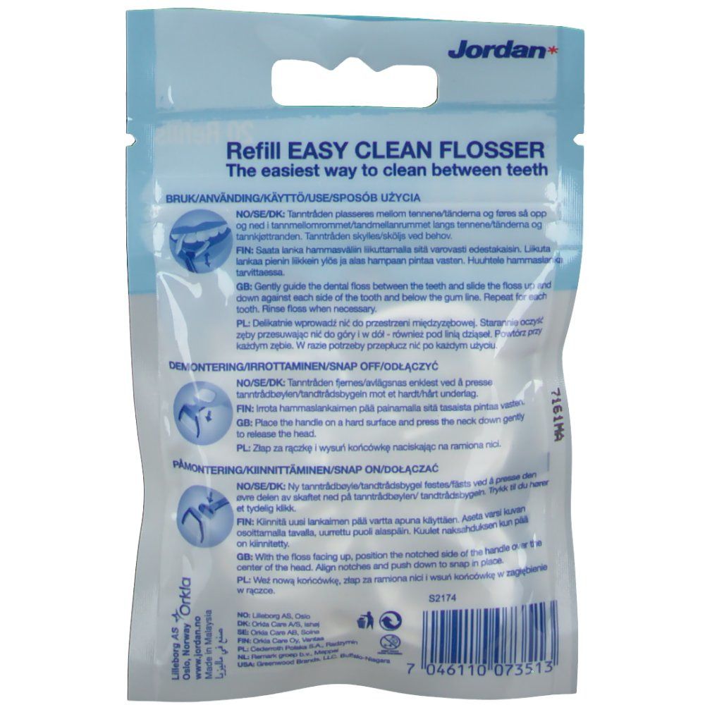 Rückseite der Verpackung mit Produktinformationen. "Jordan"-Logo. Text "Refill Easy Clean Flosser". Anweisungen in mehreren Sprachen.