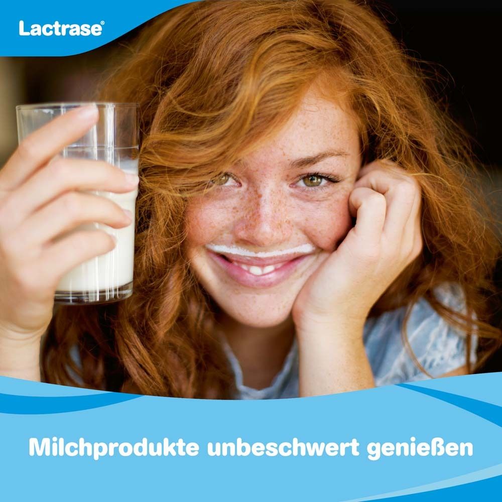 Jeune femme avec une moustache de lait. Texte: Profitez des produits laitiers sans soucis. Logo Lactrase®.