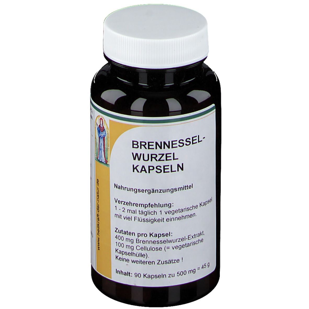 Braune Flasche mit weißen Deckel. Aufkleber mit Produktnamen: Brennesselwurzel Kapseln. Text in deutscher Sprache.