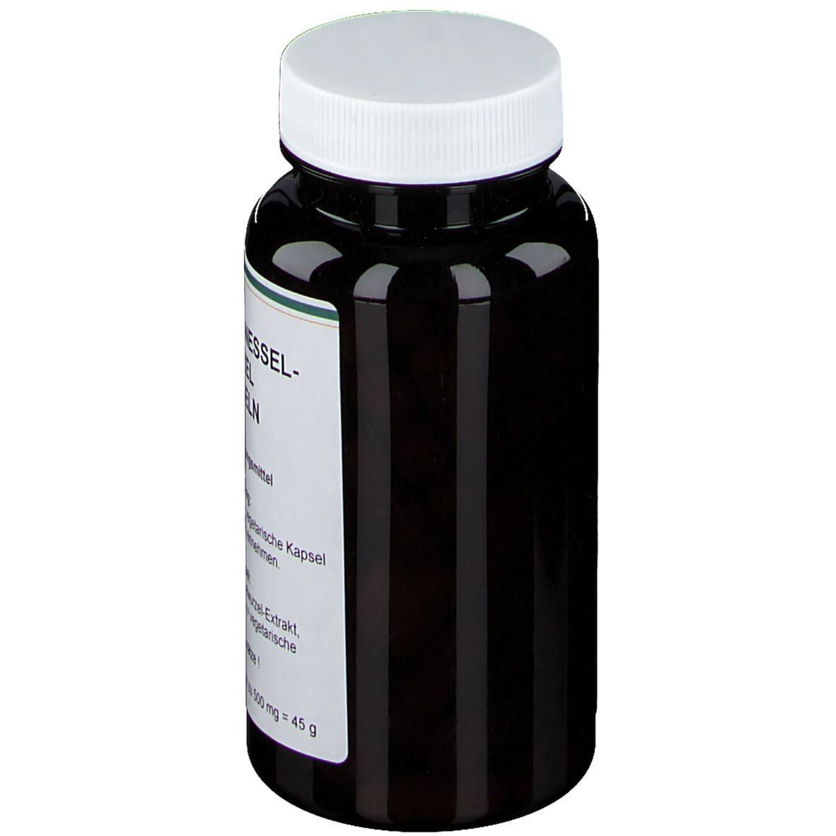 Braune Flasche mit weißem Deckel. Aufkleber mit Produktinformationen in deutscher Sprache.