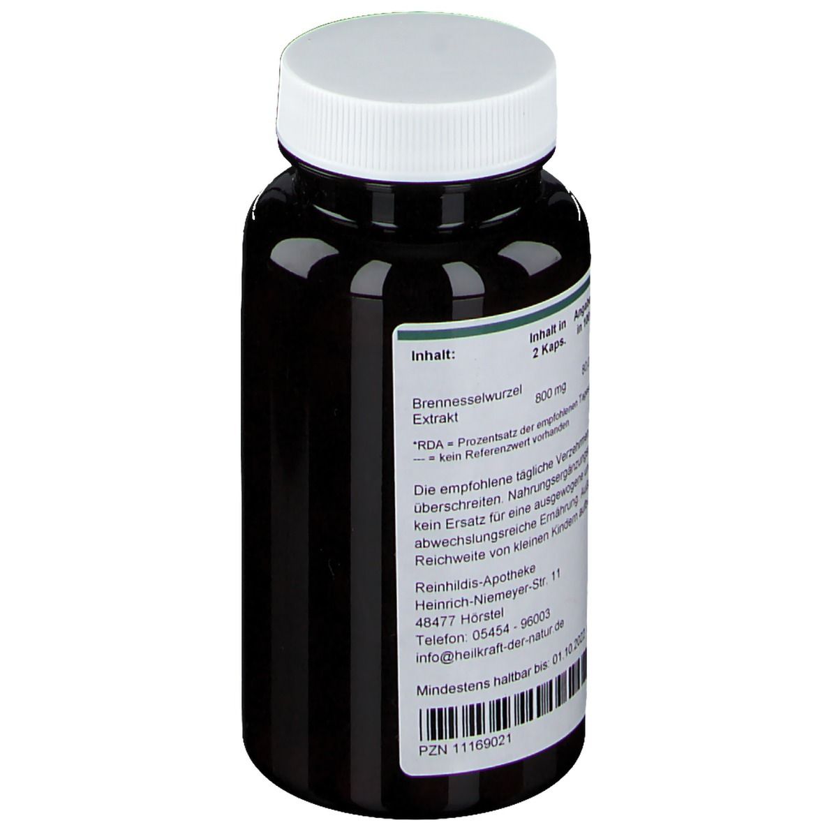 Braune Flasche mit weißem Deckel. Aufkleber mit Produktinformationen in deutscher Sprache. Barcode.