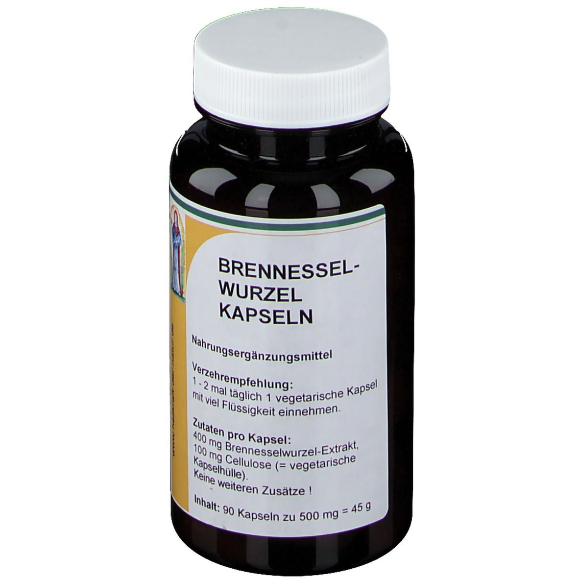 Braune Flasche mit weißem Deckel. Aufkleber mit Produktnamen: Brennesselwurzel Kapseln. Text in deutscher Sprache.