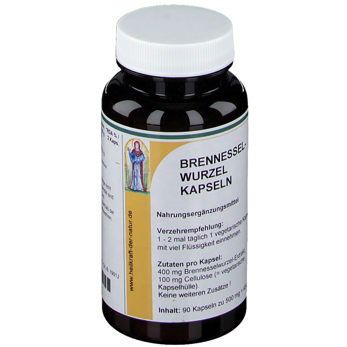 Braune Flasche mit weißem Deckel. Aufkleber mit Produktnamen: Brennesselwurzel Kapseln. Text in deutscher Sprache.