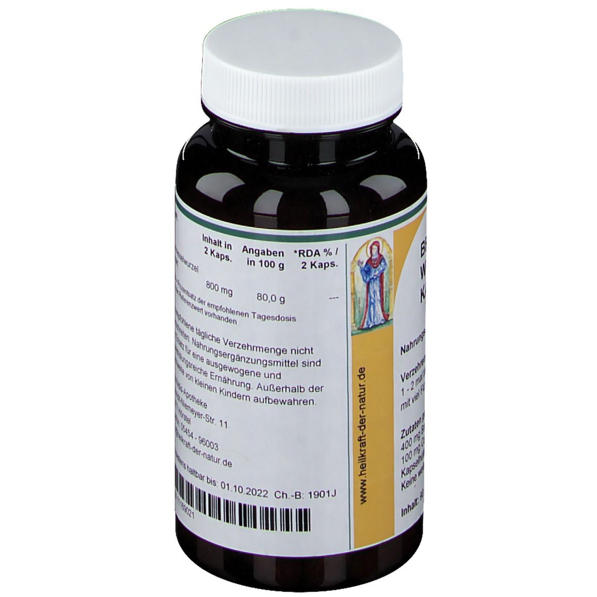 Braune Flasche mit weißem Deckel. Aufkleber mit Produktinformationen und Text in deutscher Sprache.