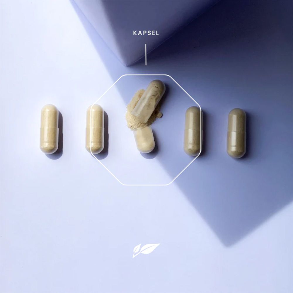 Cinq gélules sur fond bleu clair. Une gélule est ouverte. Texte : Gélule.