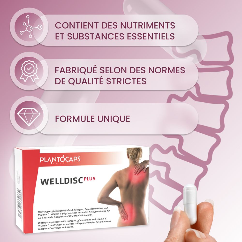 Arrière de l'emballage plantoCAPS WELLDISC PLUS avec liste des ingrédients.