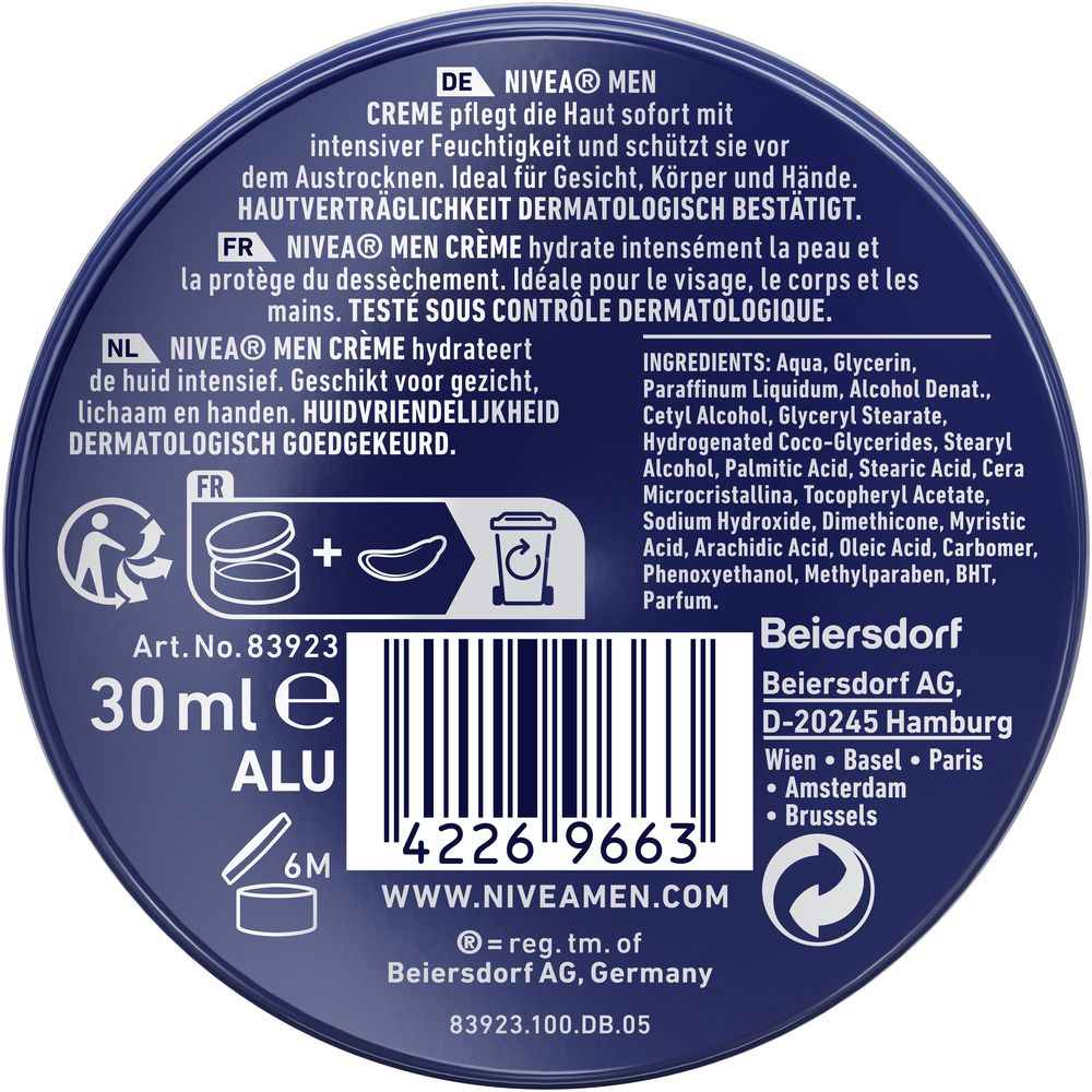 Arrière d'une boîte NIVEA MEN Crème avec ingrédients et instructions.