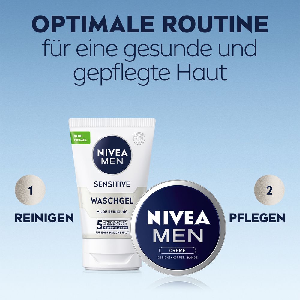 Boîte NIVEA MEN Crème à côté d'un tube NIVEA MEN Gel Nettoyant, partie d'une routine.