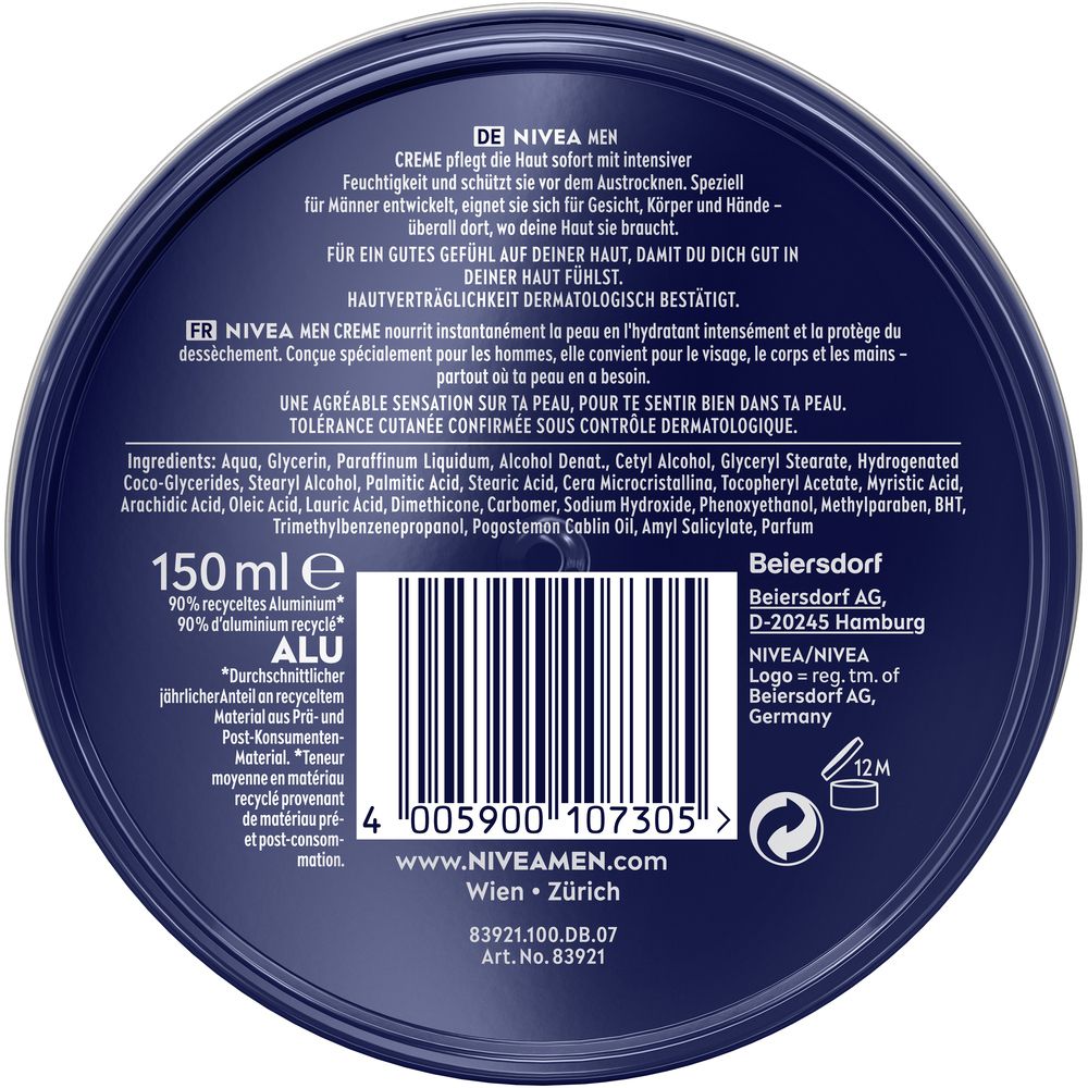 Rückseite einer NIVEA MEN Creme Dose mit Inhaltsstoffen und Herstellerangaben.