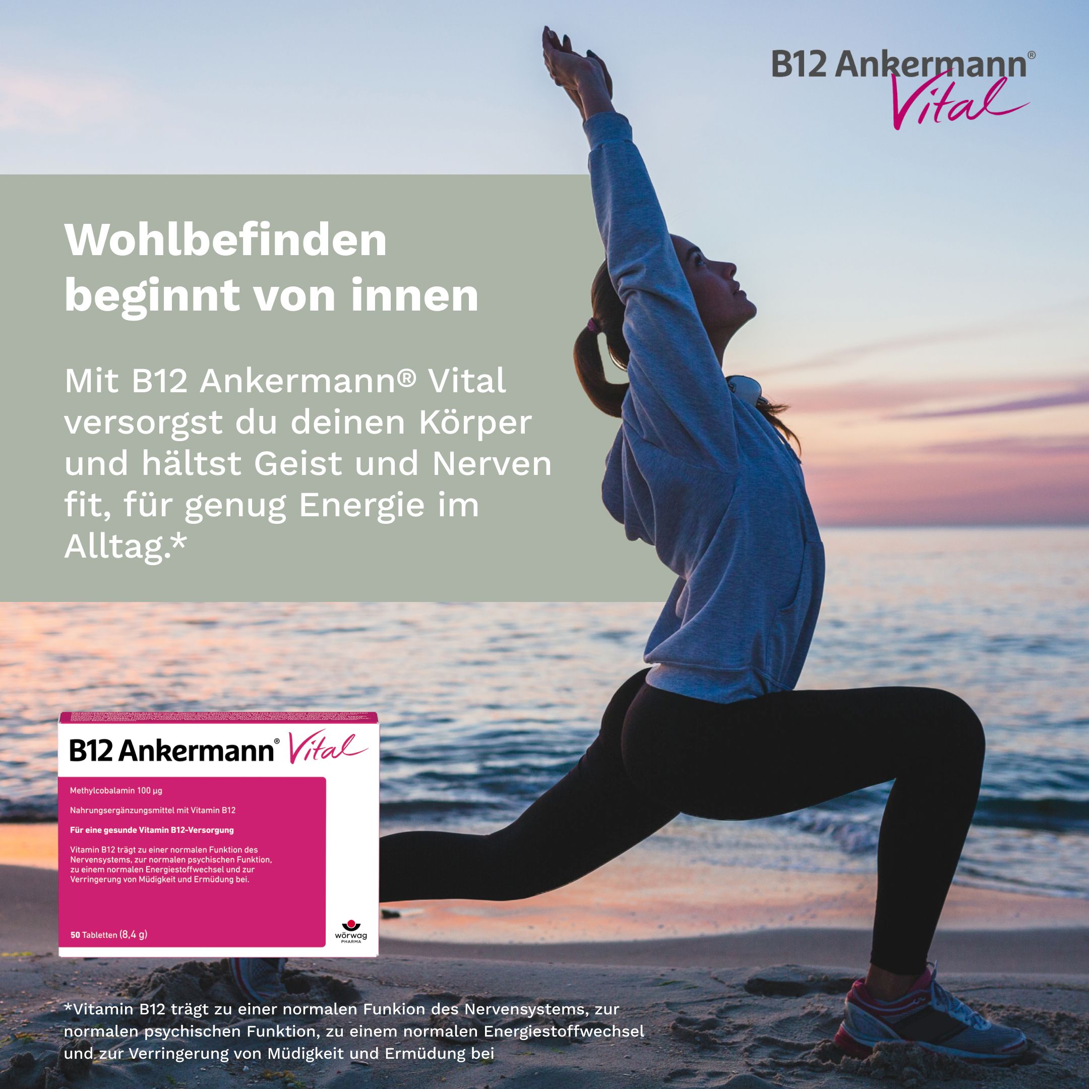 Frau macht Yoga. B12 Ankermann Vital. Text: Wohlbefinden beginnt von innen. Produktverpackung.