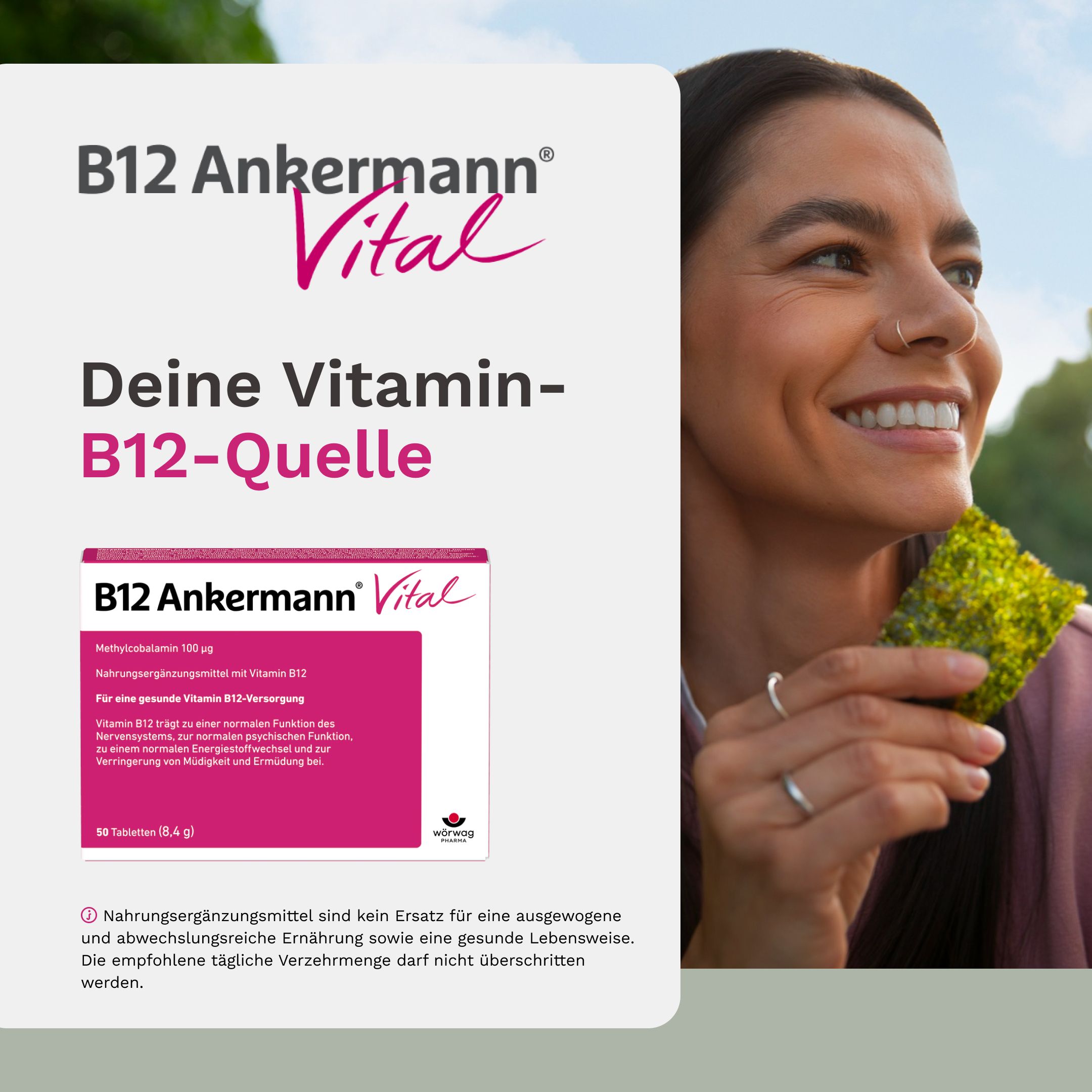 Frau mit Algen. B12 Ankermann Vital. Text: Deine Vitamin-B12-Quelle. Produktverpackung.