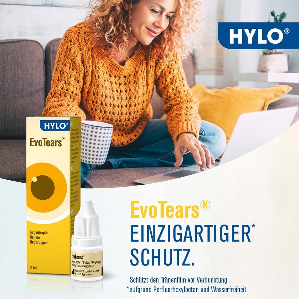 Femme avec ordinateur portable, emballage et flacon d'EvoTears. Emballage avec nom du produit. Flacon à côté de l'emballage.