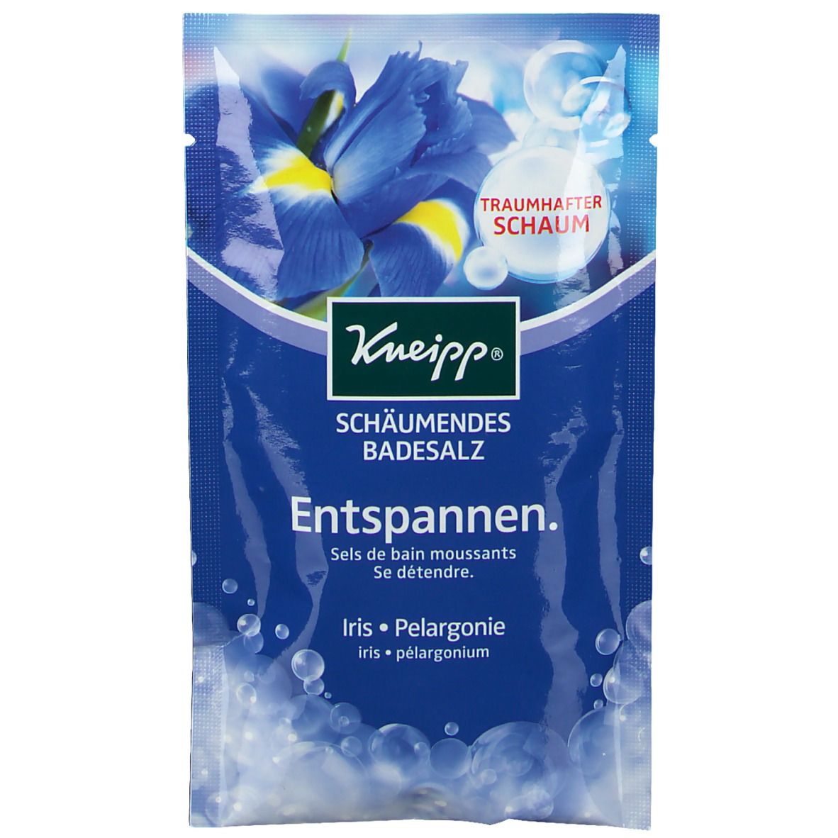 Sachet Kneipp® Badesalz Entspannen. Image d'iris bleu. Texte: Sels de bain moussants, Entspannen. Iris, pélargonium.