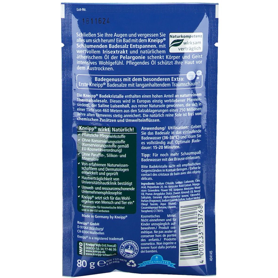 Dos du sachet Kneipp® Badesalz. Texte: Naturkompetenz, wirksam, verträglich. Ingrédients, instructions d'utilisation, informations fabricant.