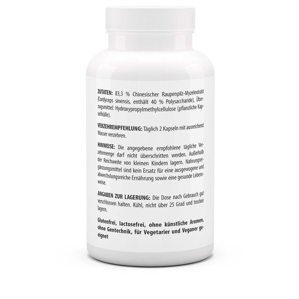 Dos du flacon blanc. Texte: Ingrédients, recommandation de consommation, conseils, stockage. Sans gluten, vegan.