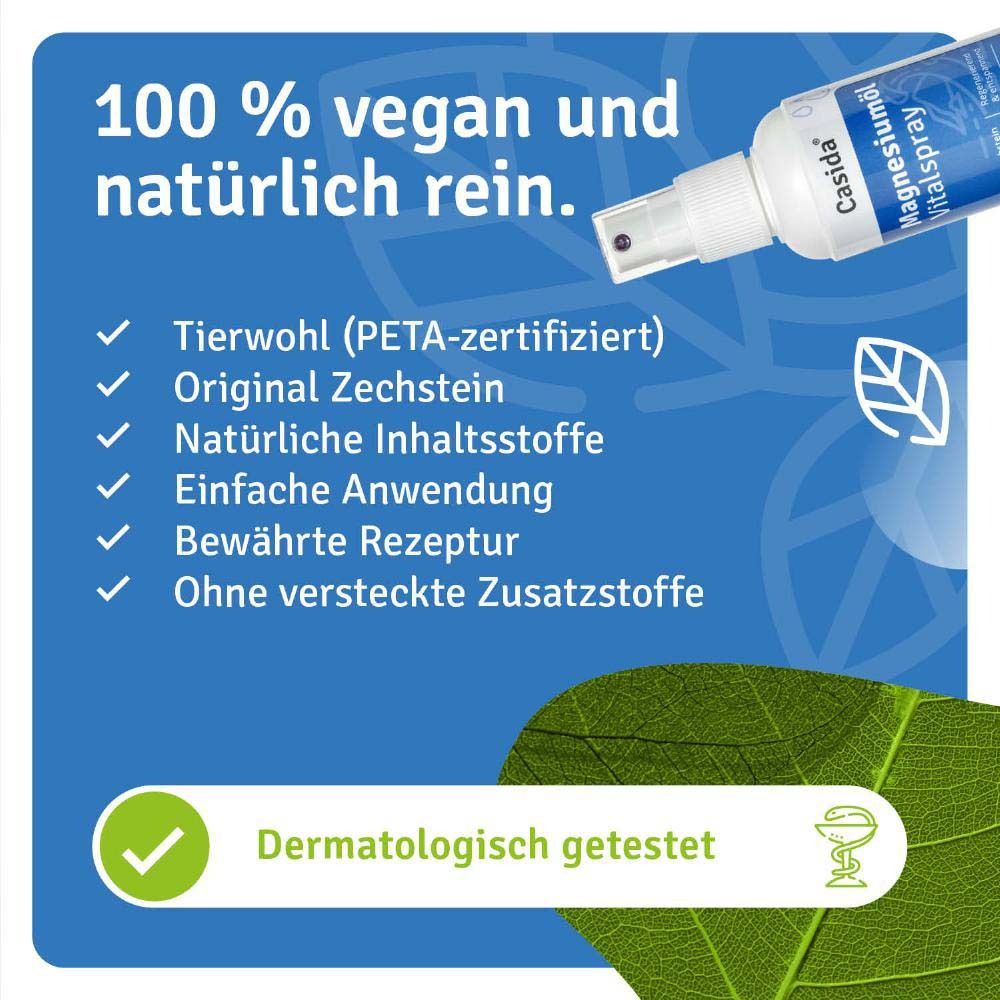 Fond bleu avec texte : 100% végétalien et pur naturel. Avantages : certifié PETA, Zechstein original, testé dermatologiquement.