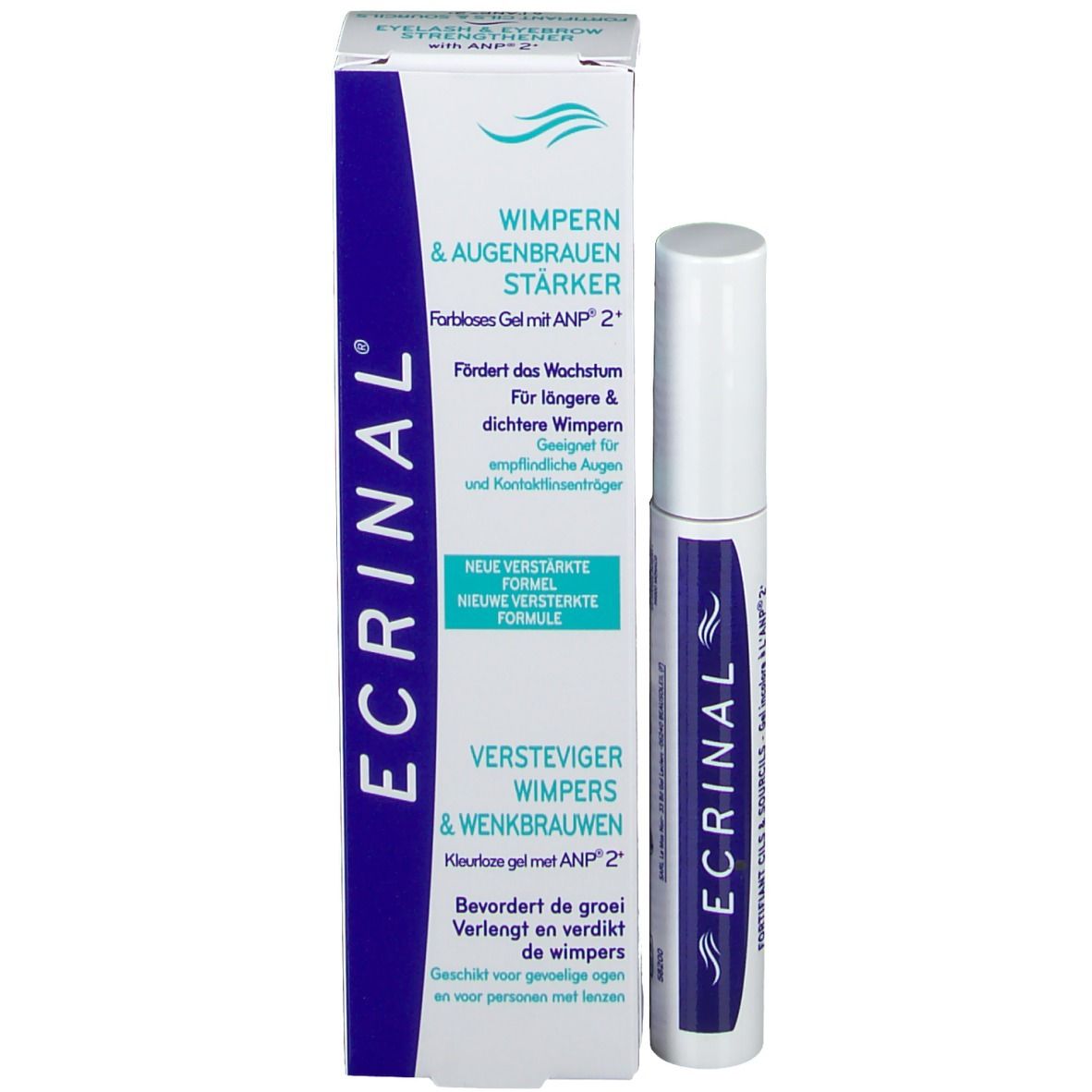 ECRINAL® Wimpern Aufbau-Gel und Verpackung. Weiße Tube und Schachtel. Blaue und weiße Beschriftung. Produkt für Wimpern und Augenbrauen.