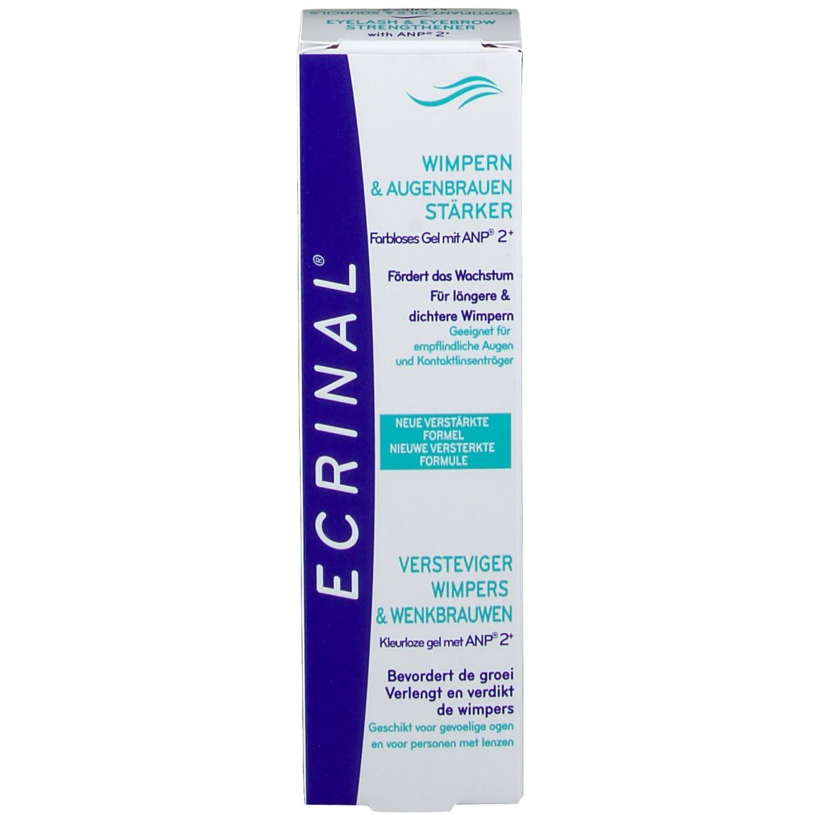 ECRINAL® Wimpern Aufbau-Gel und Verpackung. Weiße Tube und Schachtel. Blaue und weiße Beschriftung. Produkt für Wimpern und Augenbrauen.