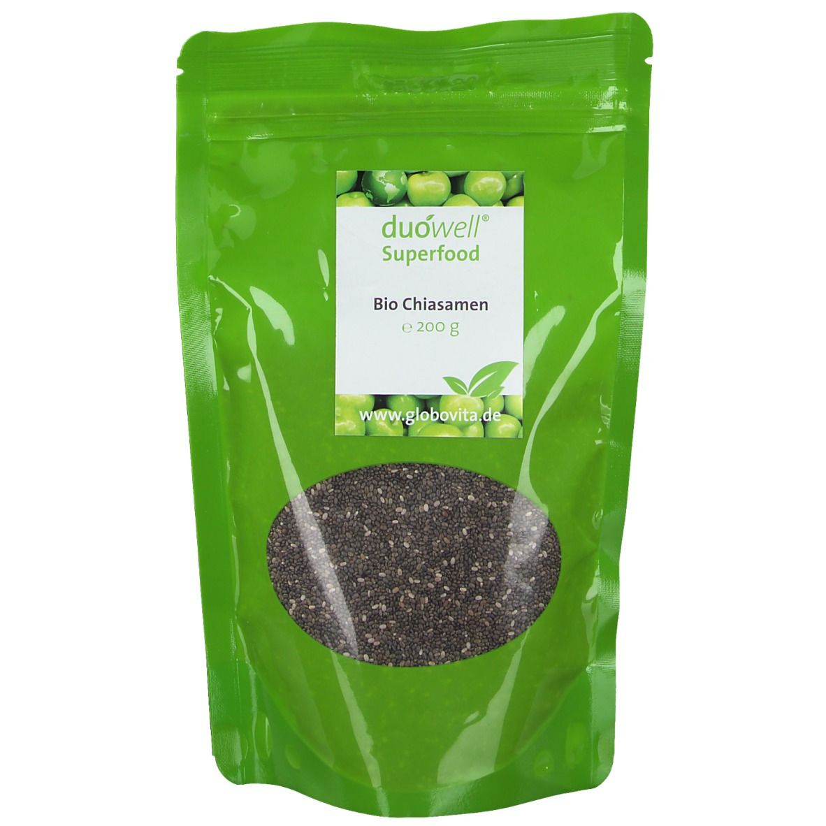 Sachet vert avec duówell® Bio Chiasamen. Fenêtre transparente montrant les graines. Inscription : Bio Chiasamen, 200 g.