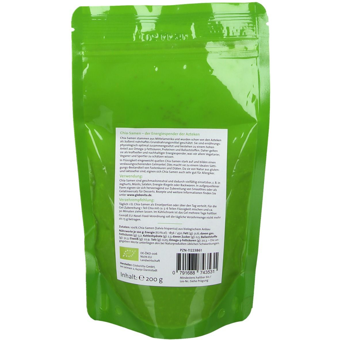 Dos du sachet vert avec duówell® Bio Chiasamen. Texte et informations sur la valeur nutritionnelle et la certification.