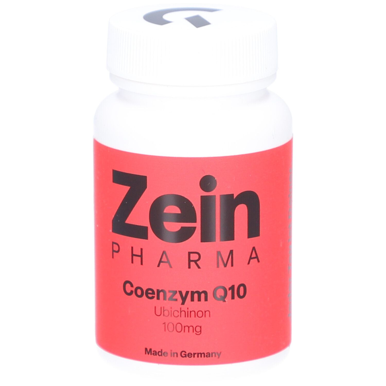 Weiße Flasche mit rotem Etikett. Aufschrift: Zein Pharma, Coenzym Q10 100mg. Deckel mit Logo.