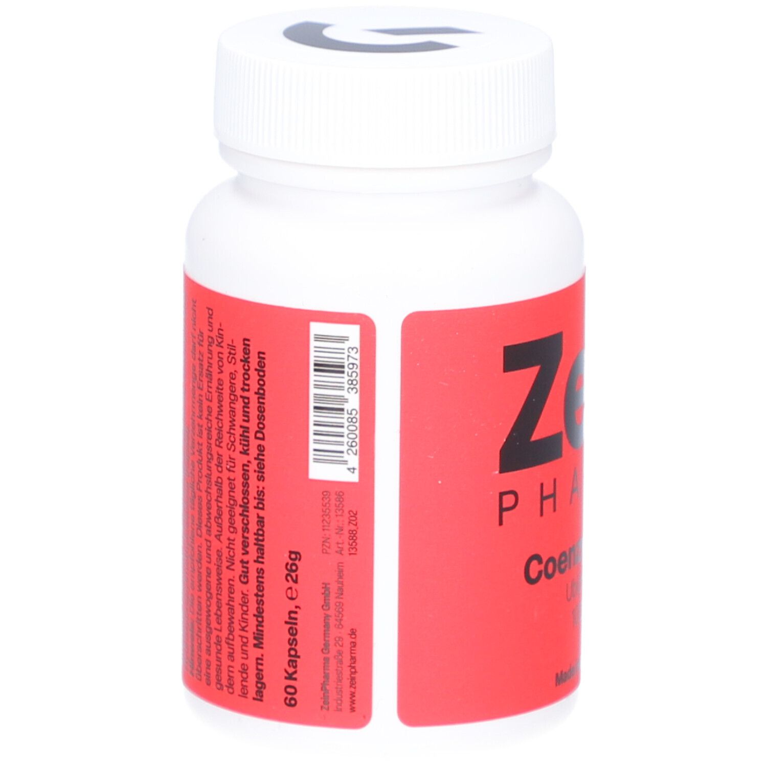 Weiße Flasche mit rotem Etikett. Aufschrift: Zein Pharma. Rückseite mit Text und Barcode. 60 Kapseln.