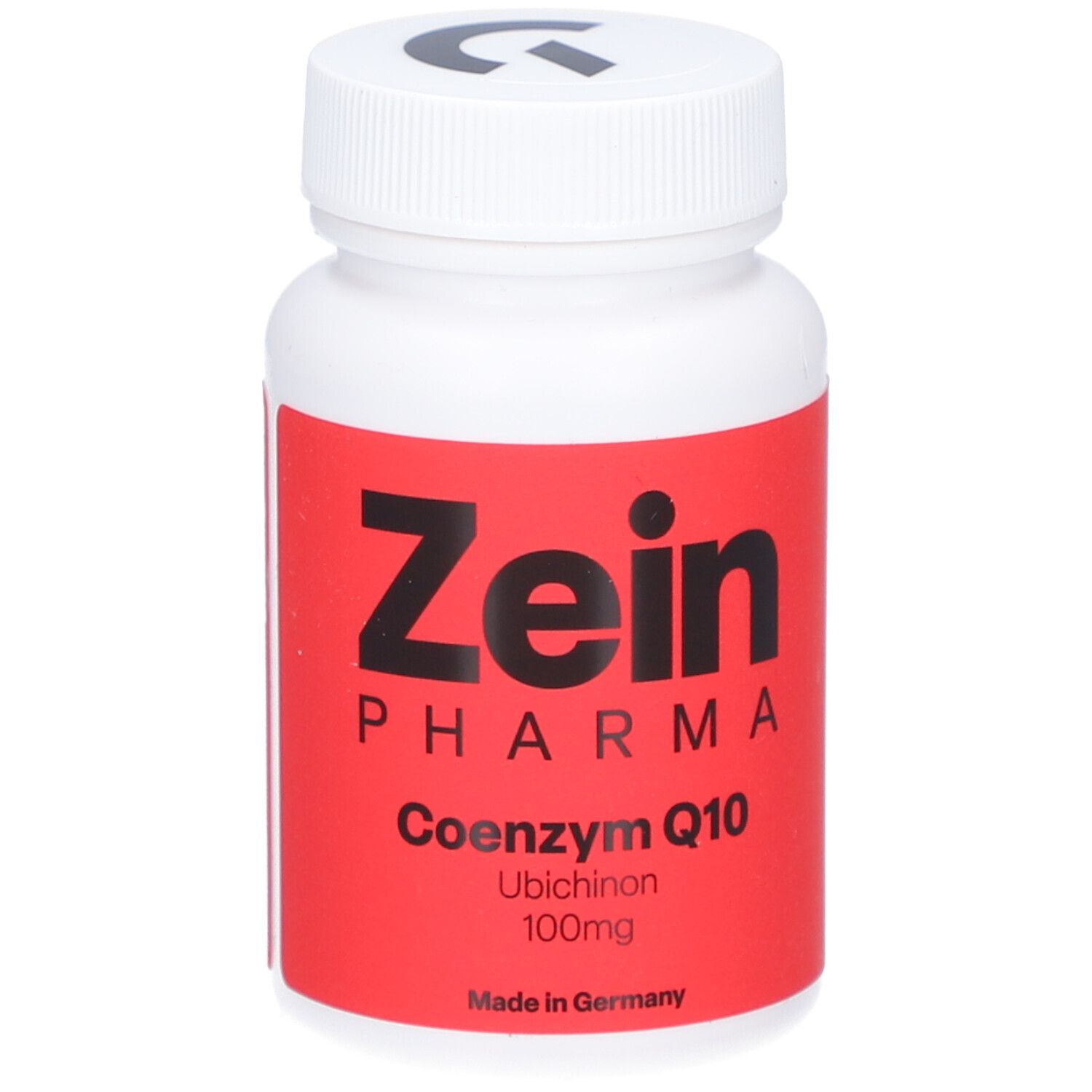 Weiße Flasche mit rotem Etikett. Aufschrift: Zein Pharma, Coenzym Q10 100mg. Deckel mit Logo.
