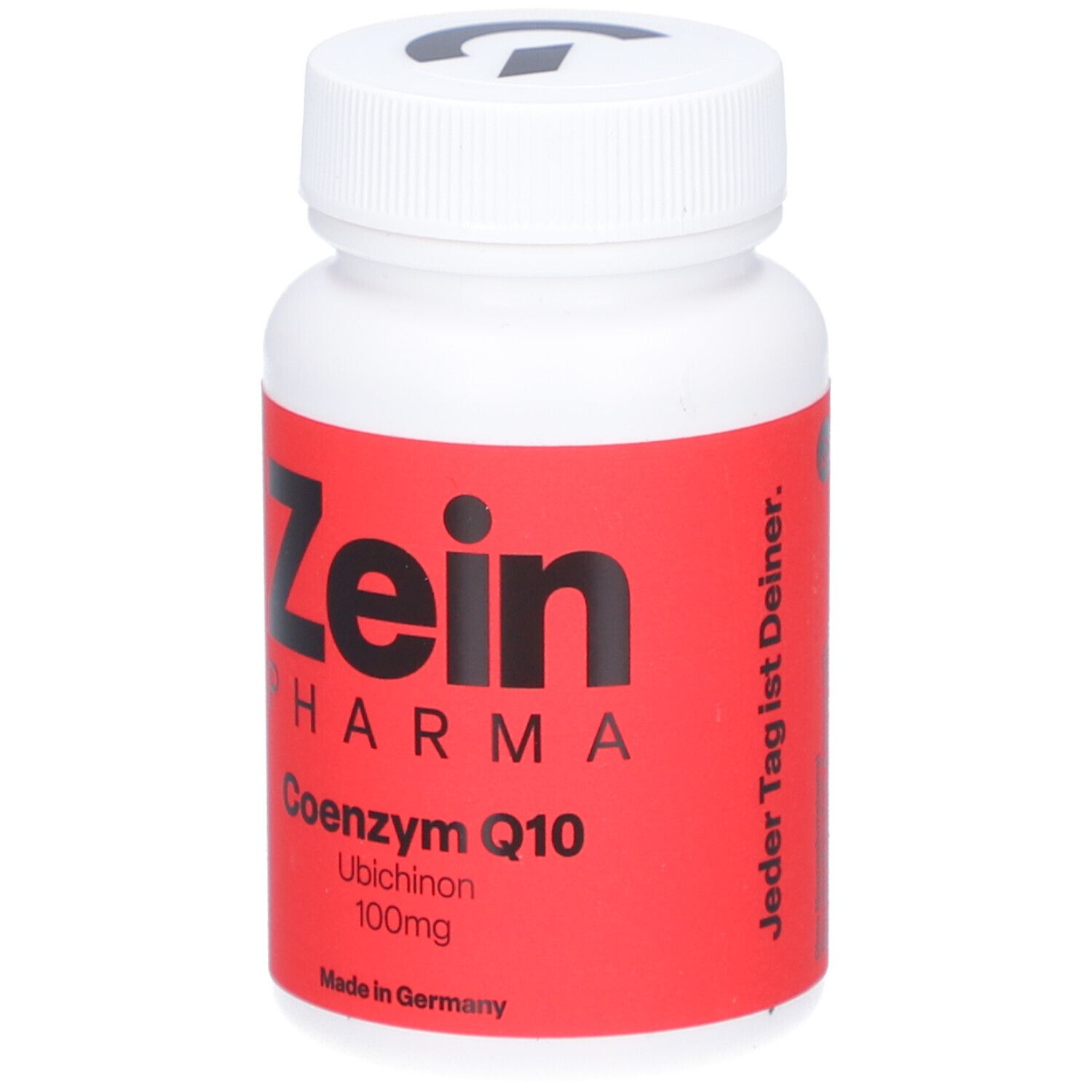 Weiße Flasche mit rotem Etikett. Aufschrift: Zein Pharma, Coenzym Q10 100mg. Text: Jeder Tag ist Deiner.