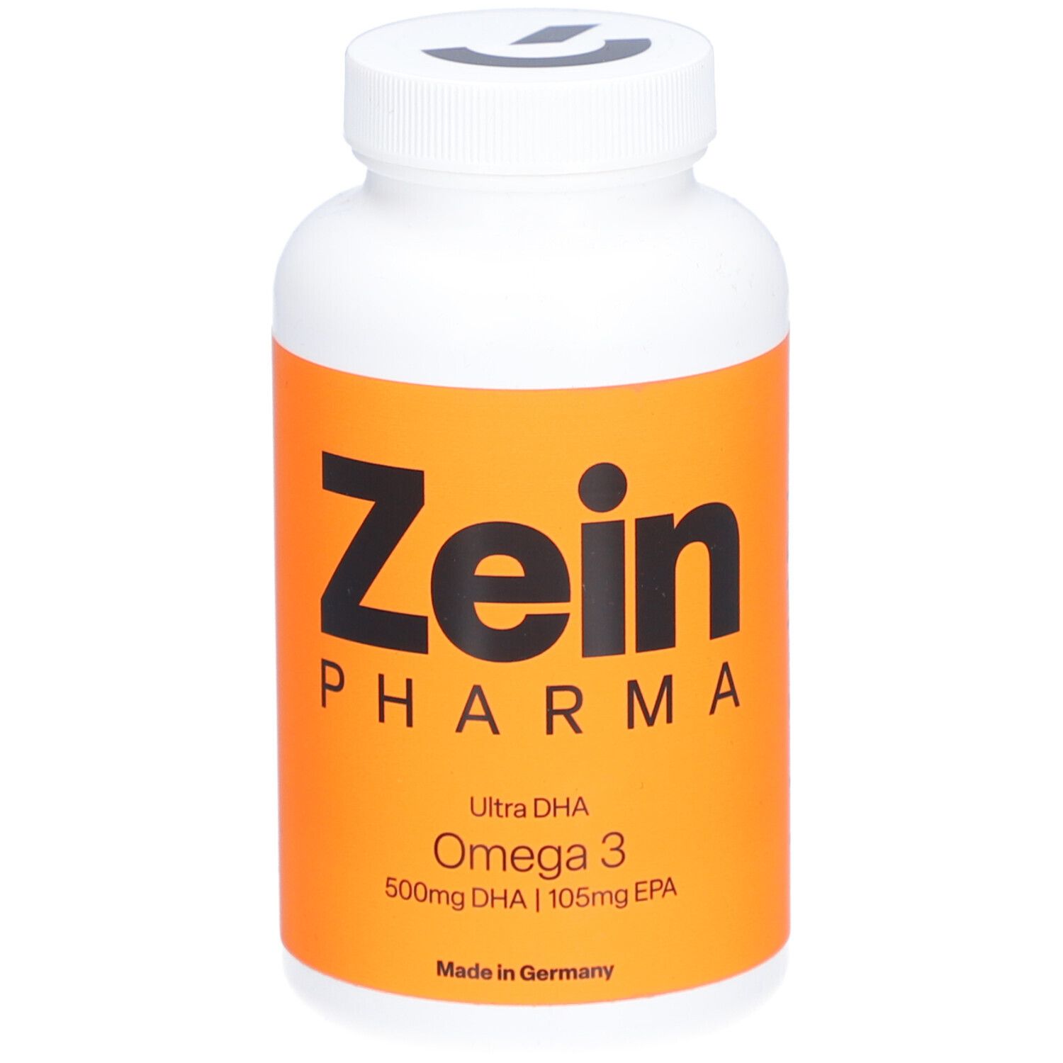 Weiße Flasche mit orangefarbenem Etikett. Zein Pharma Omega 3. Enthält 500mg DHA und 105mg EPA. Hergestellt in Deutschland.