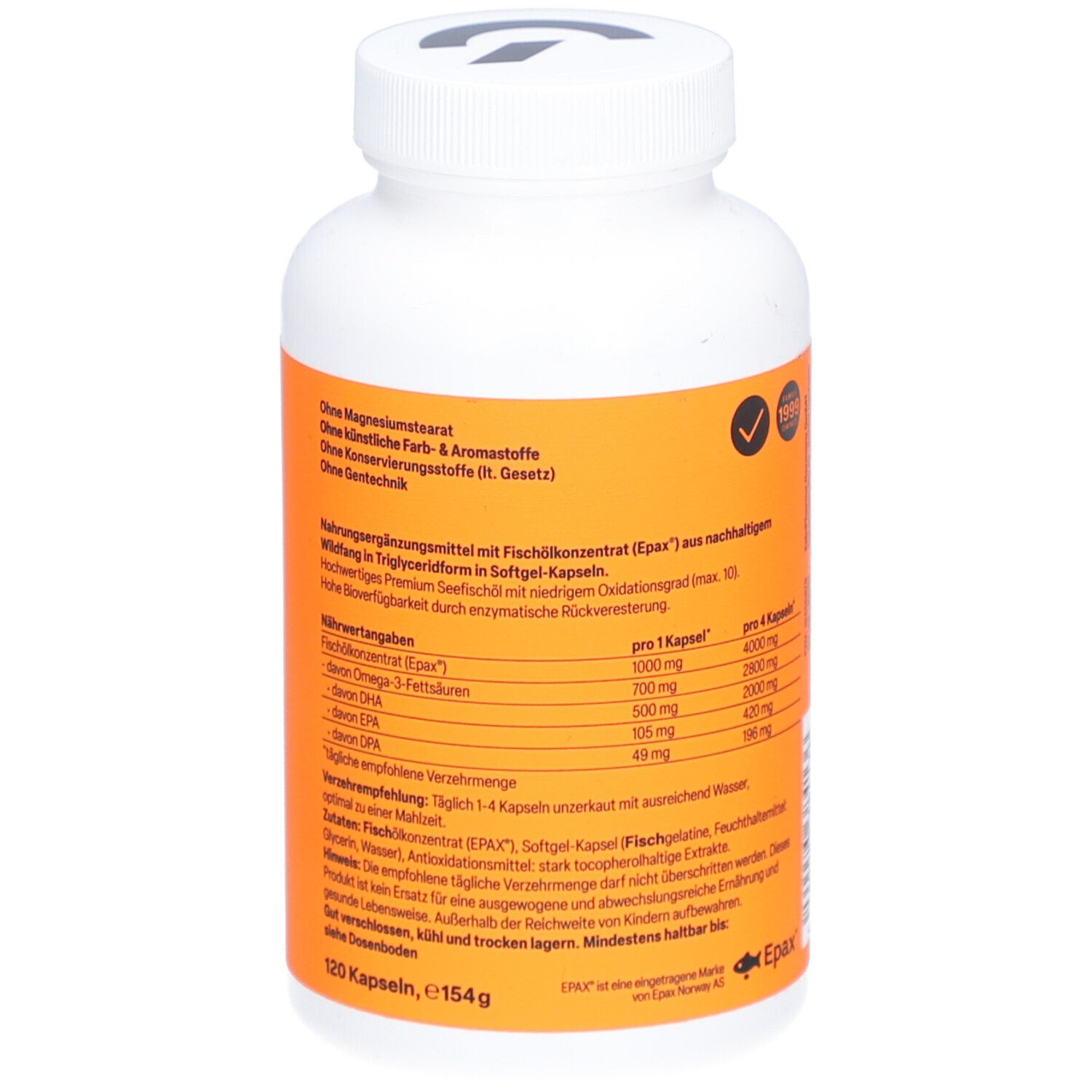 Weiße Flasche mit orangefarbenem Etikett. Zein Pharma Omega 3. Rückseite mit Inhaltsstoffen und Nährwertangaben.