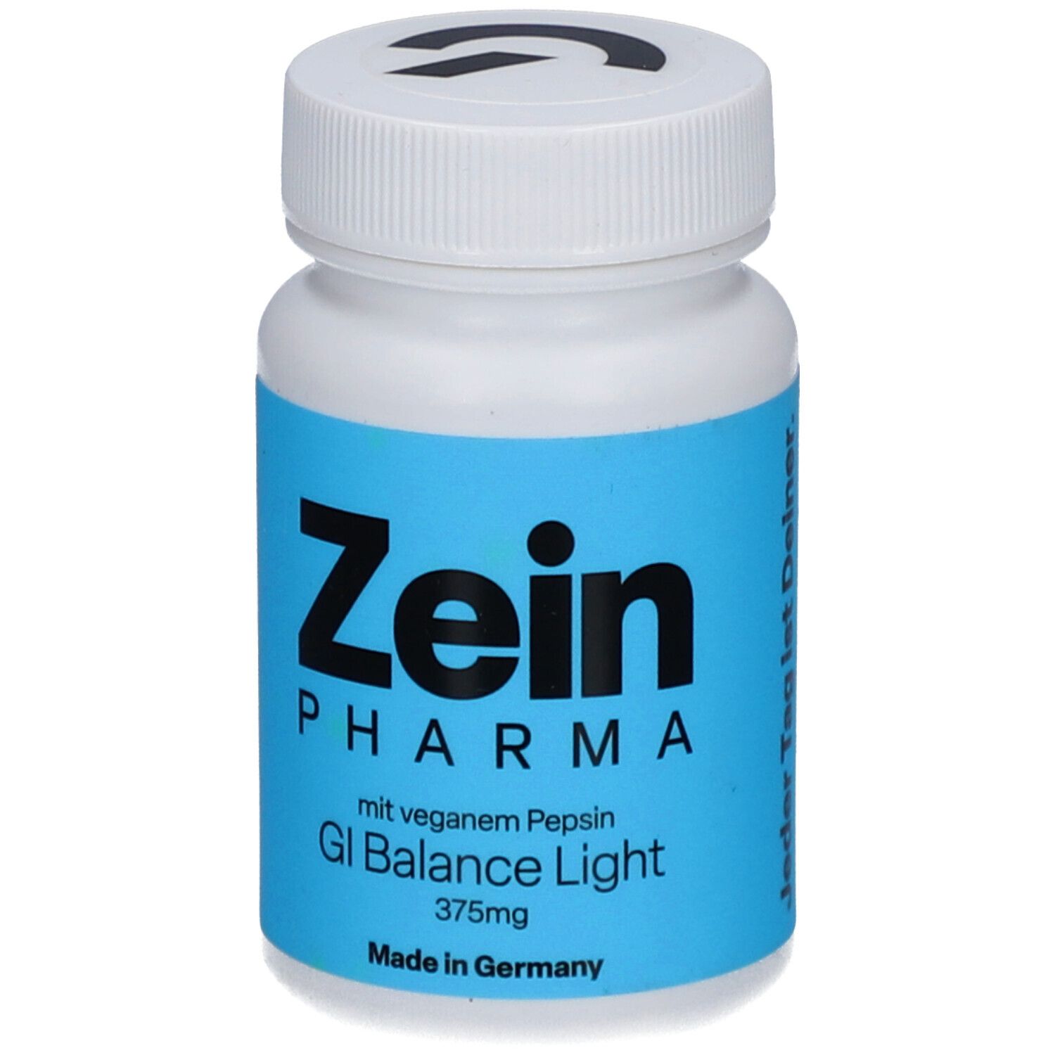 Flacon blanc avec étiquette bleue. Zein Pharma, GI Balance Light 375mg. Couvercle avec logo.