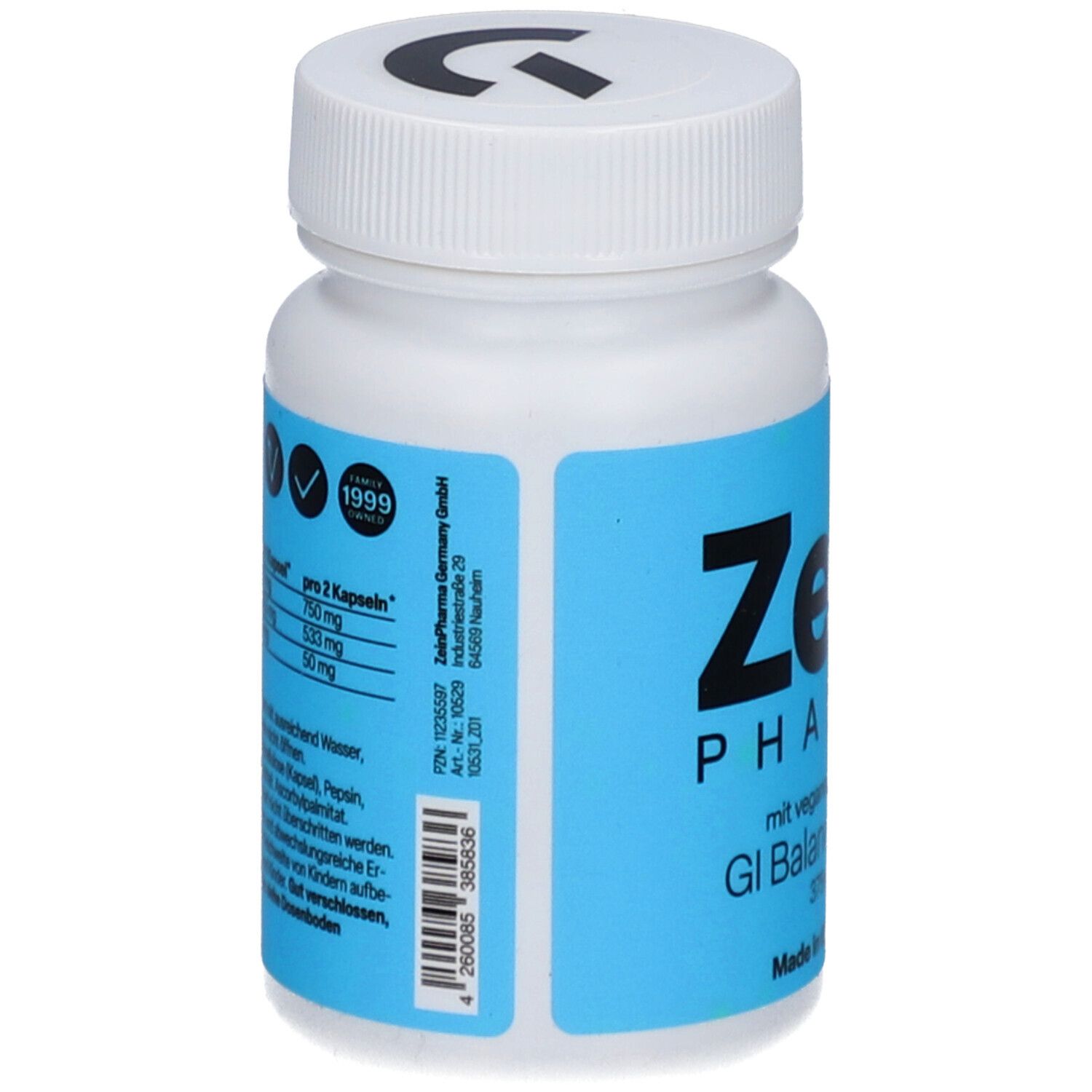 Flacon blanc avec étiquette bleue. Zein Pharma, GI Balance Light. Dos avec informations.