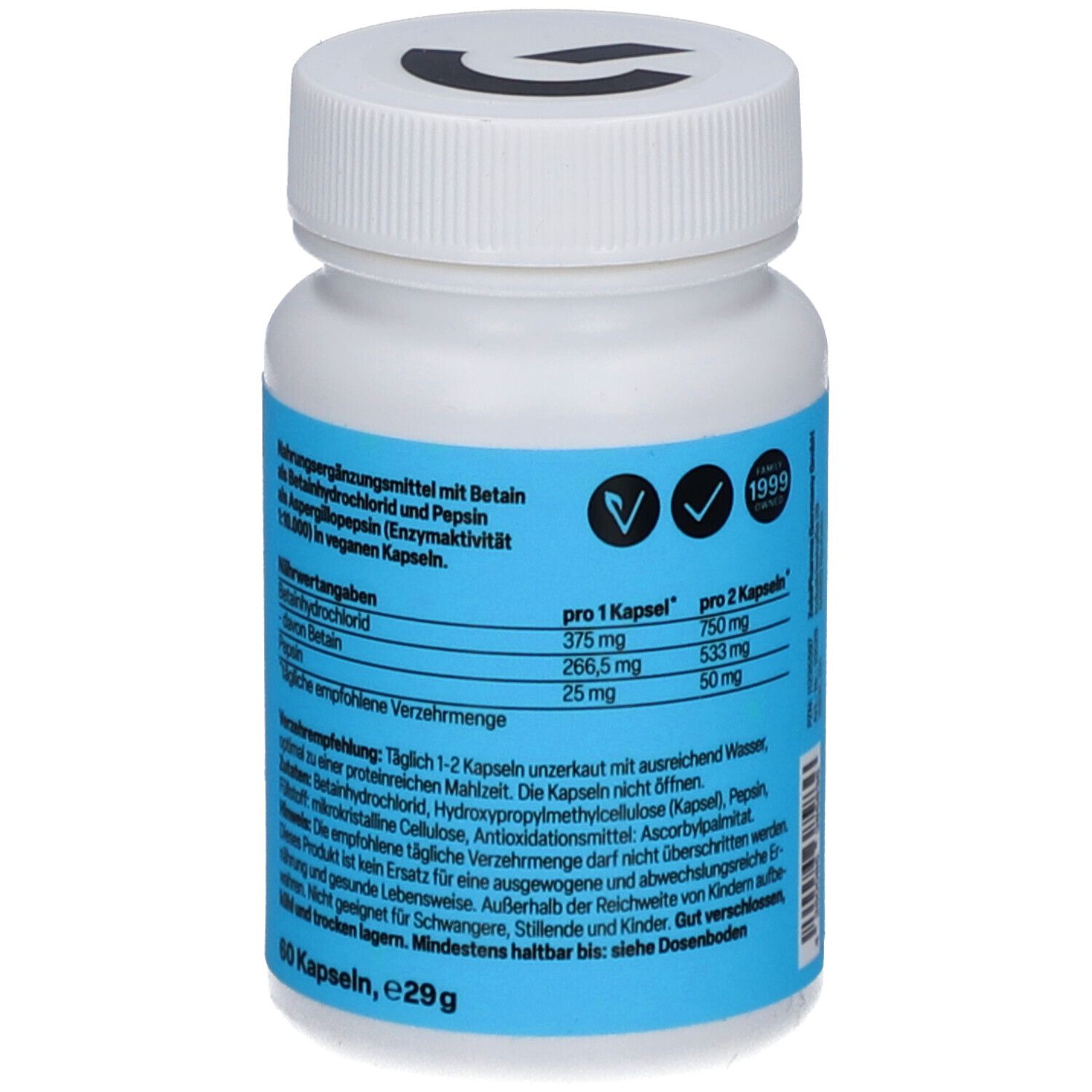 Flacon blanc avec étiquette bleue. Dos avec informations nutritionnelles et ingrédients. 60 gélules.