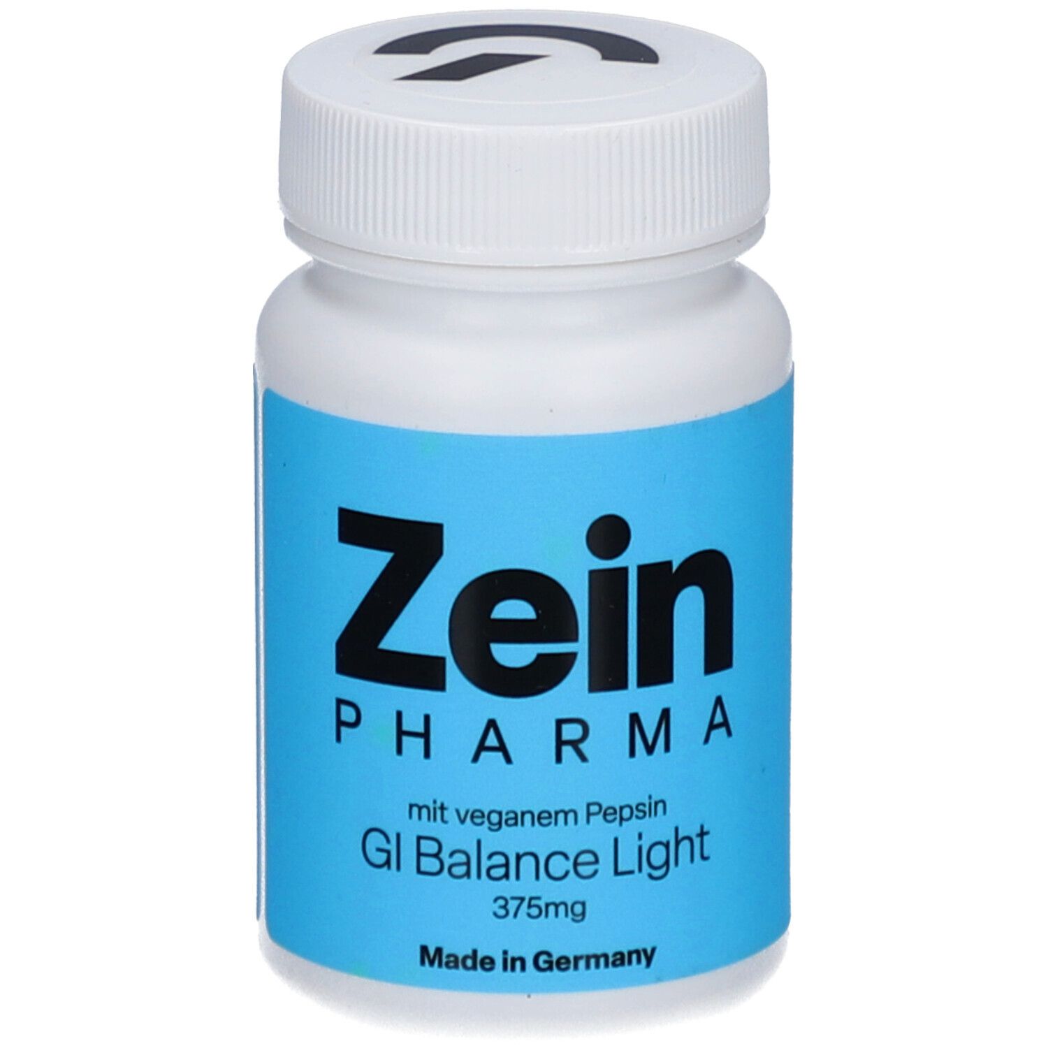 Flacon blanc avec étiquette bleue. Zein Pharma, GI Balance Light 375mg. Couvercle avec logo.