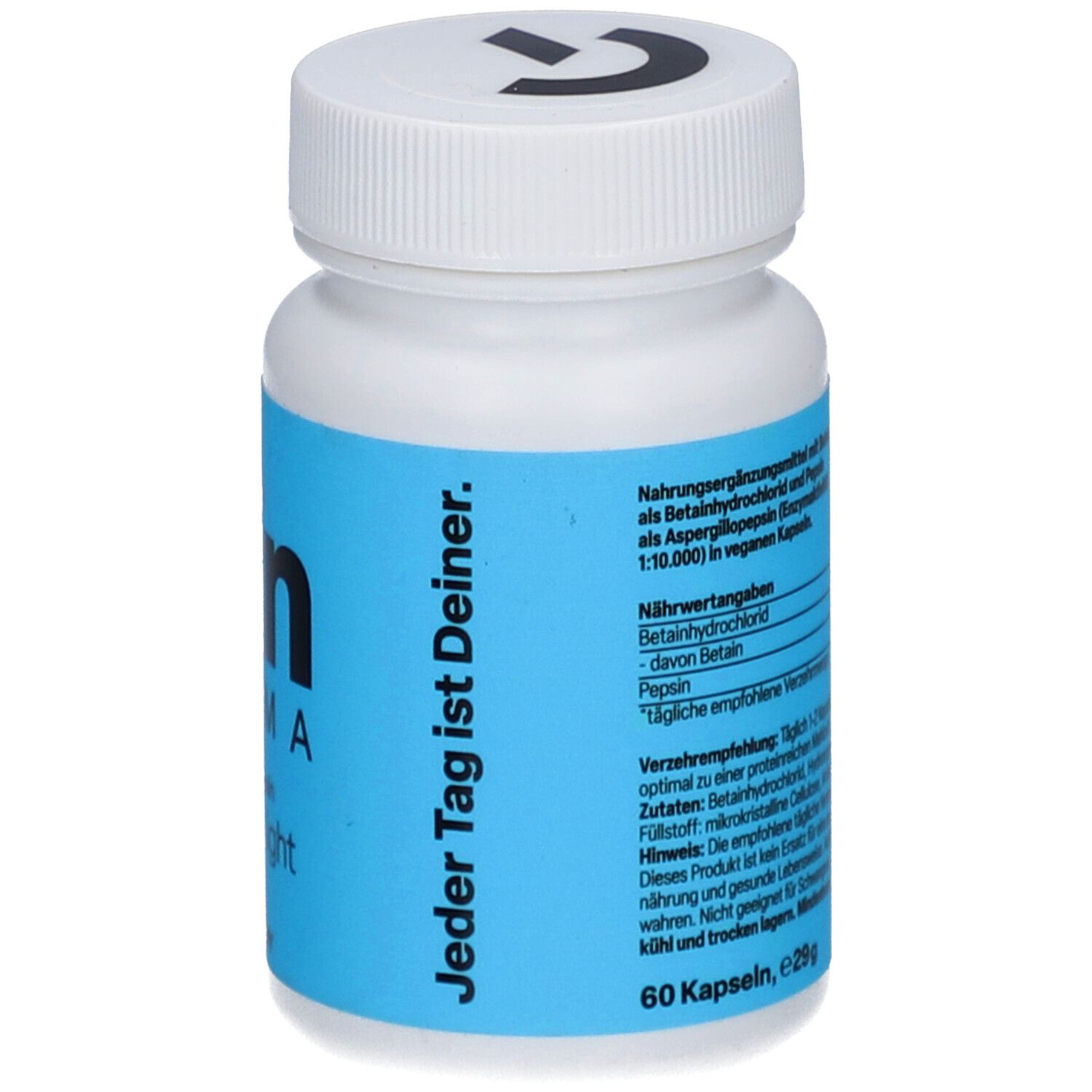 Flacon blanc avec étiquette bleue. Zein Pharma, GI Balance Light. Inscription: Chaque jour est le vôtre. 60 gélules.