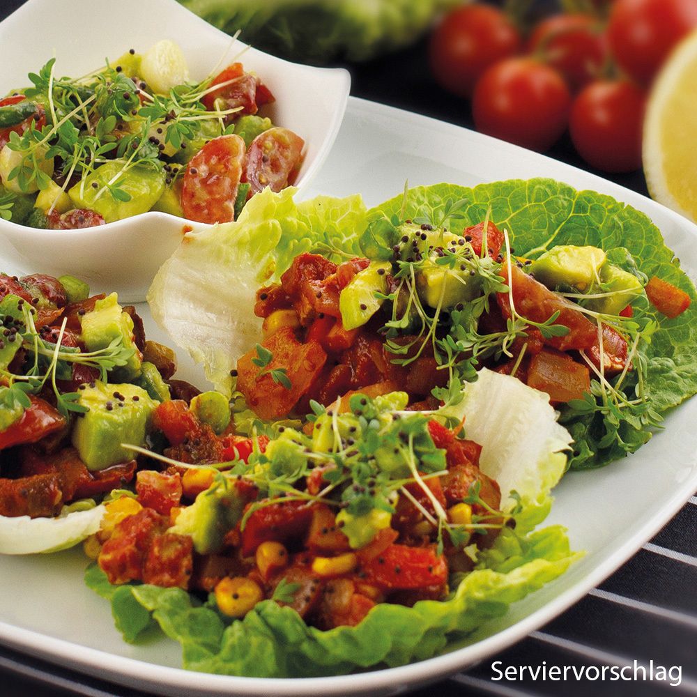 Teller mit Salat. Salatblätter mit Tomaten, Avocado und Sprossen. Servierbeispiel.