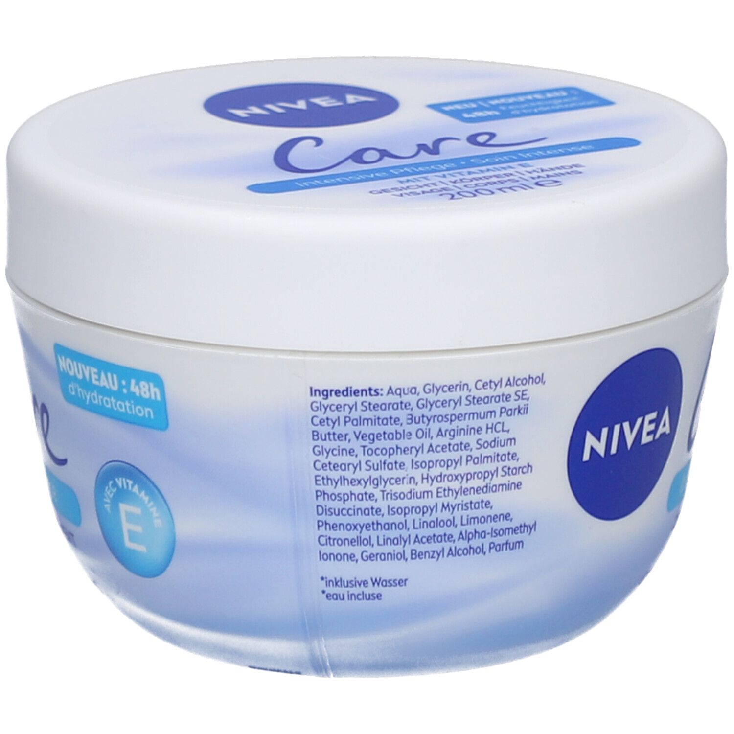 Pot blanc avec couvercle bleu. Inscription : NIVEA Care Intensive Pflege. 200 ml. Absorption rapide.