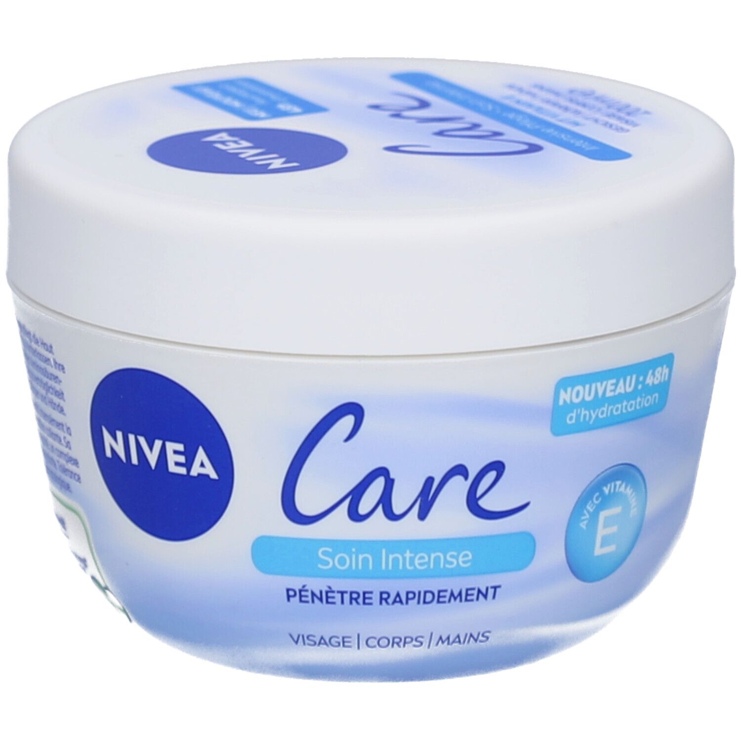 Pot blanc avec couvercle bleu. Inscription : NIVEA Care Intensive Pflege. 200 ml. Absorption rapide.