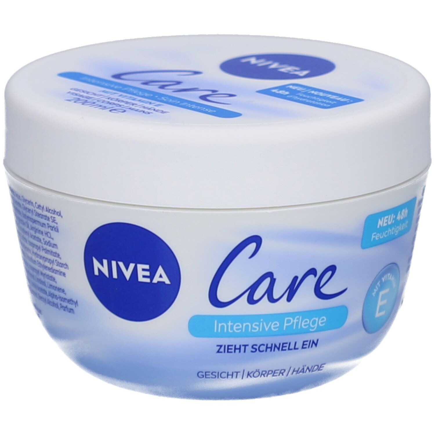 Pot blanc avec couvercle bleu. Inscription : NIVEA Care Intensive Pflege. Absorption rapide. Nouveau : 48h d'hydratation.