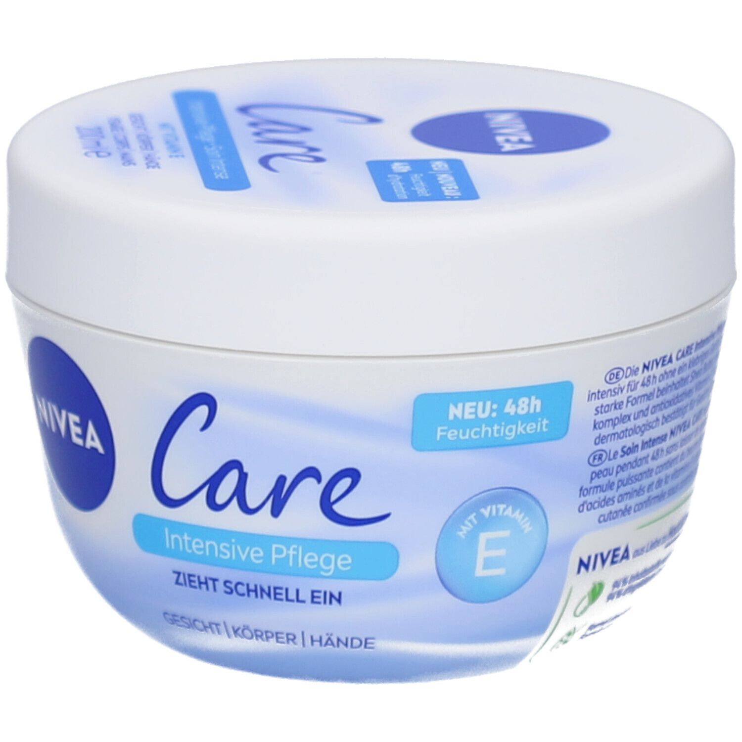 Pot blanc avec couvercle bleu. Inscription : NIVEA Care Intensive Pflege. 200 ml. Absorption rapide.