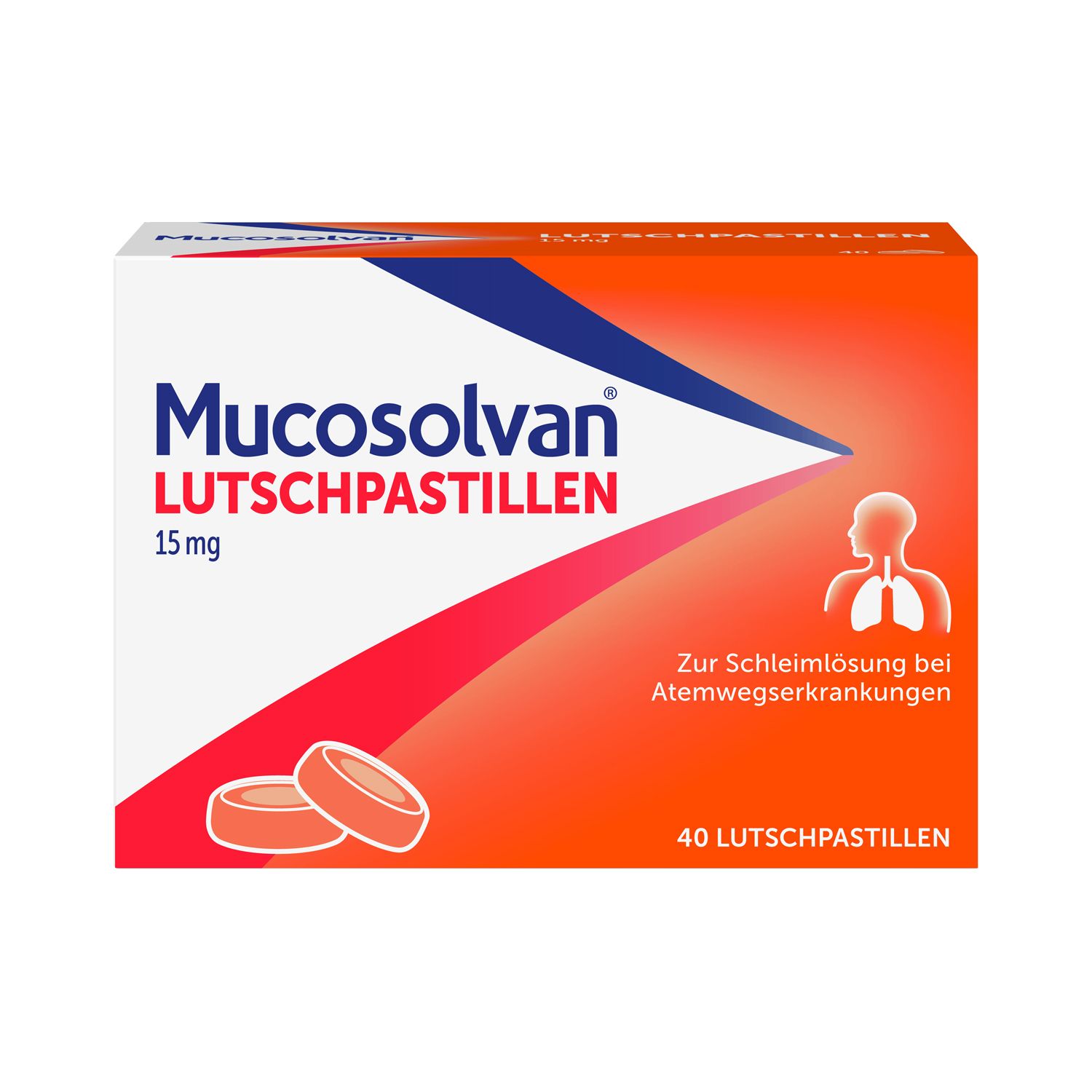 Schachtel mit MUCOSOLVAN Lutschpastillen. Aufschrift: 15 mg, 40 Lutschpastillen. Illustration der Lunge.